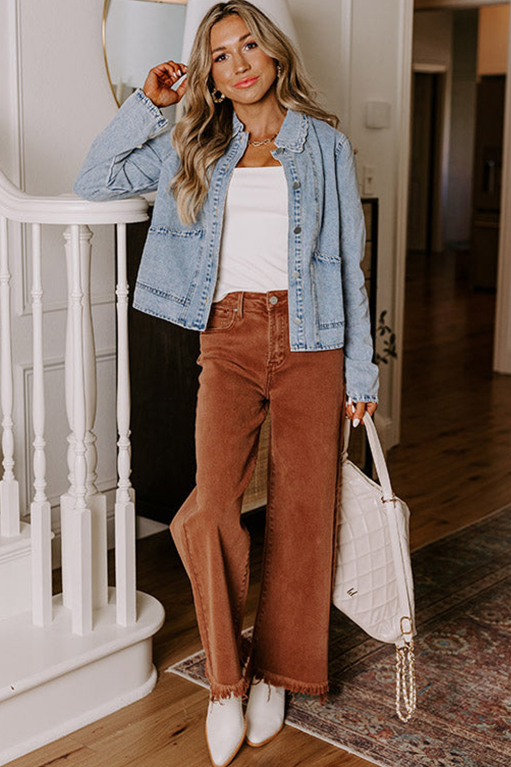 Myosotis Scallop Trim Collar Patched Pocket Button Up Mineral Washed Denim Jacket