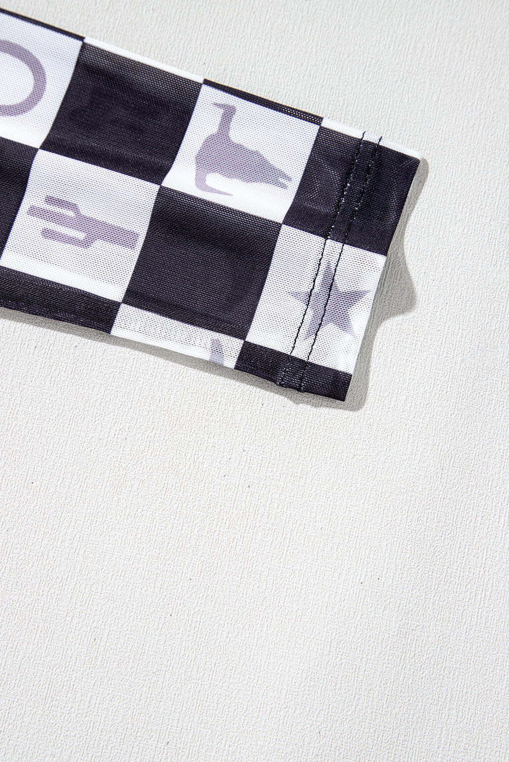 Khaki Checkered Pattern Mesh Mock Neck Long Sleeve Top