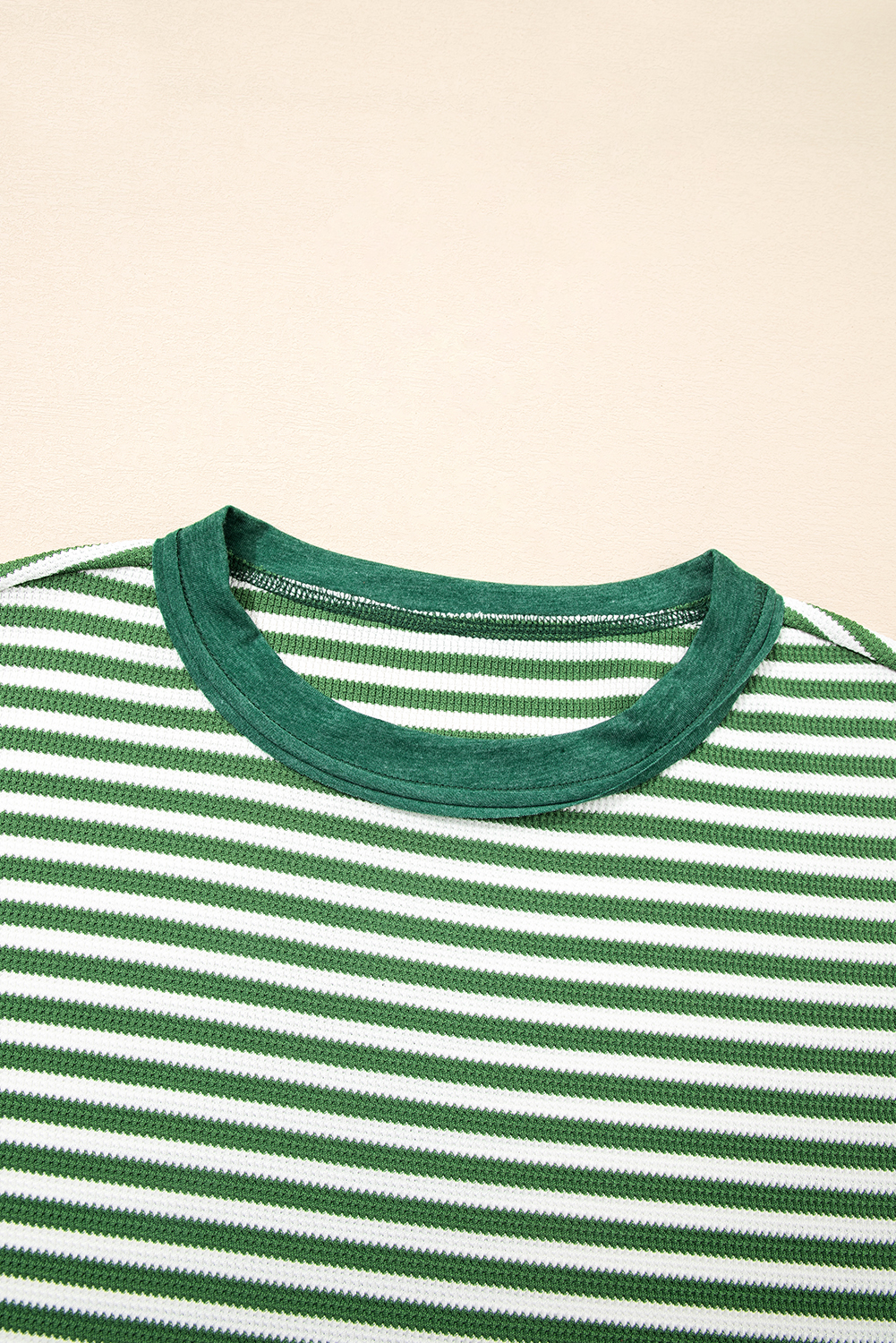 Dearlovers Green Stripe Thermal Knit Drop Shoulder Casual Top