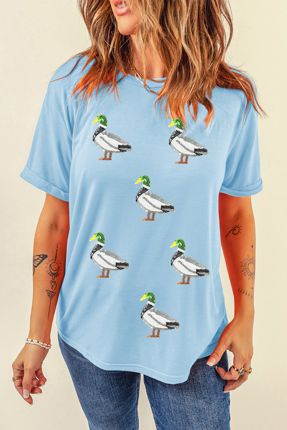 Light Blue Sequin Mallard Graphic Womens Casual Tee