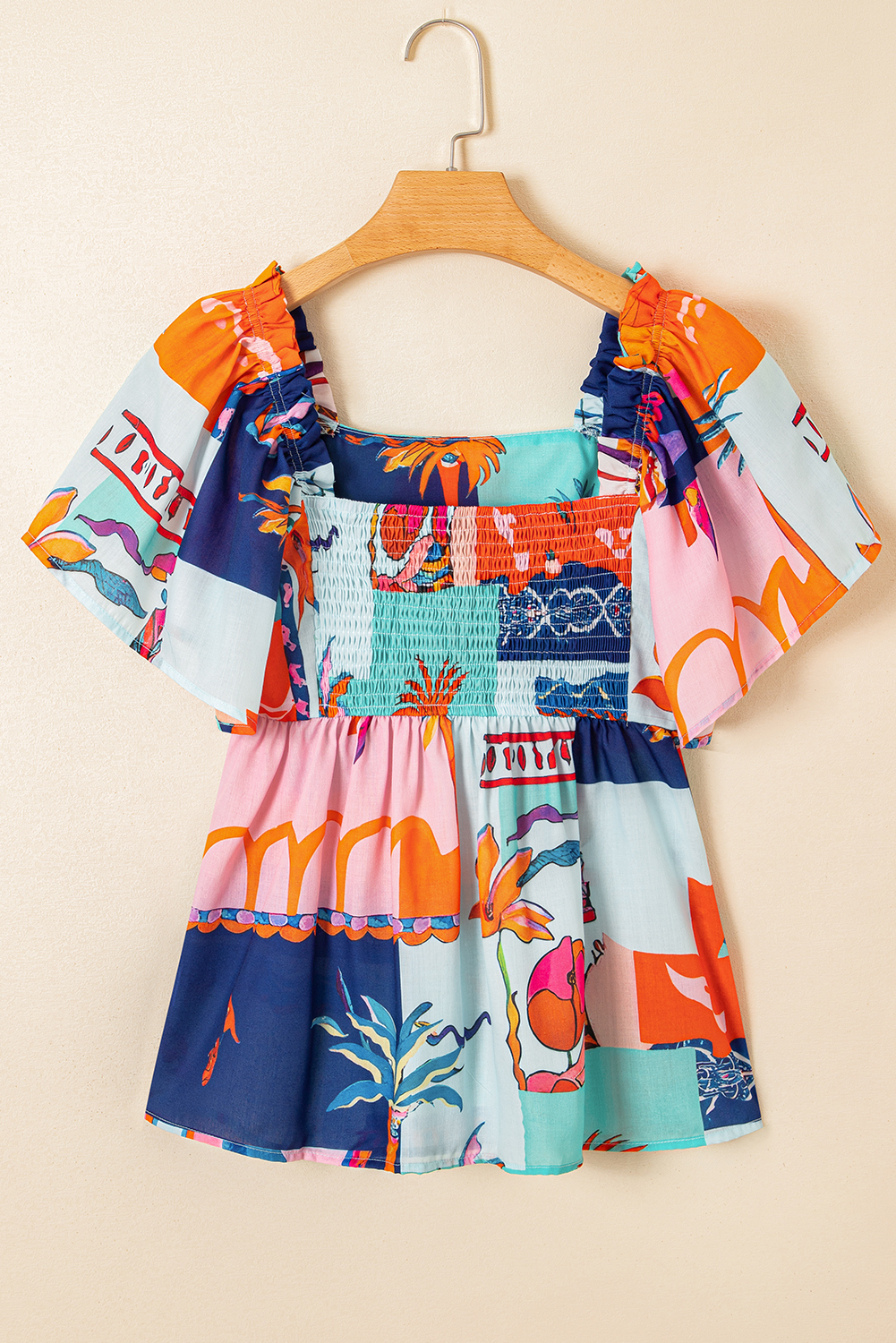 Sky Blue Tropical Printed Square Neck Flutter Sleeve Babydoll Blouse