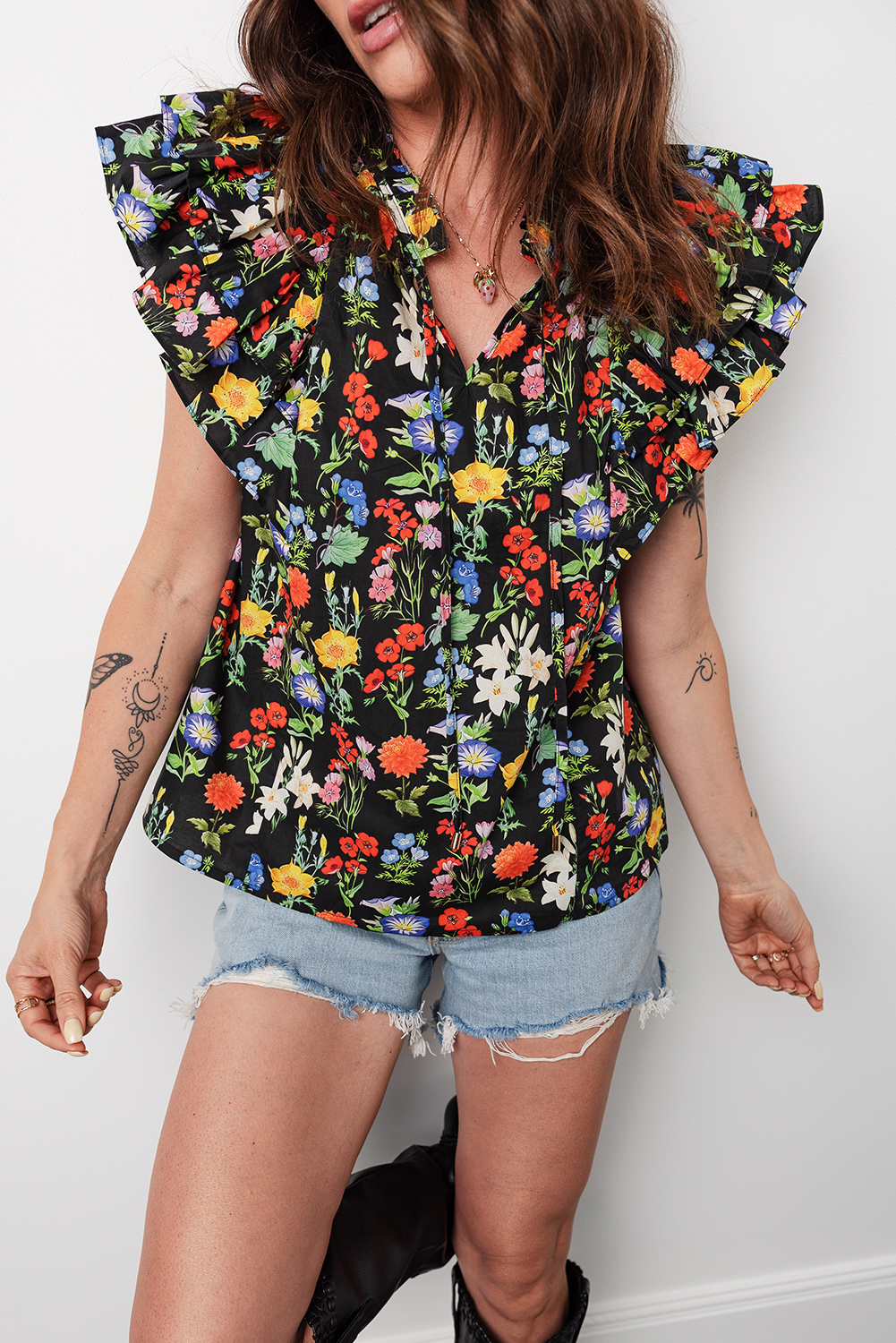 Black Tiered Flutter Sleeve V Neck Flower Blouse