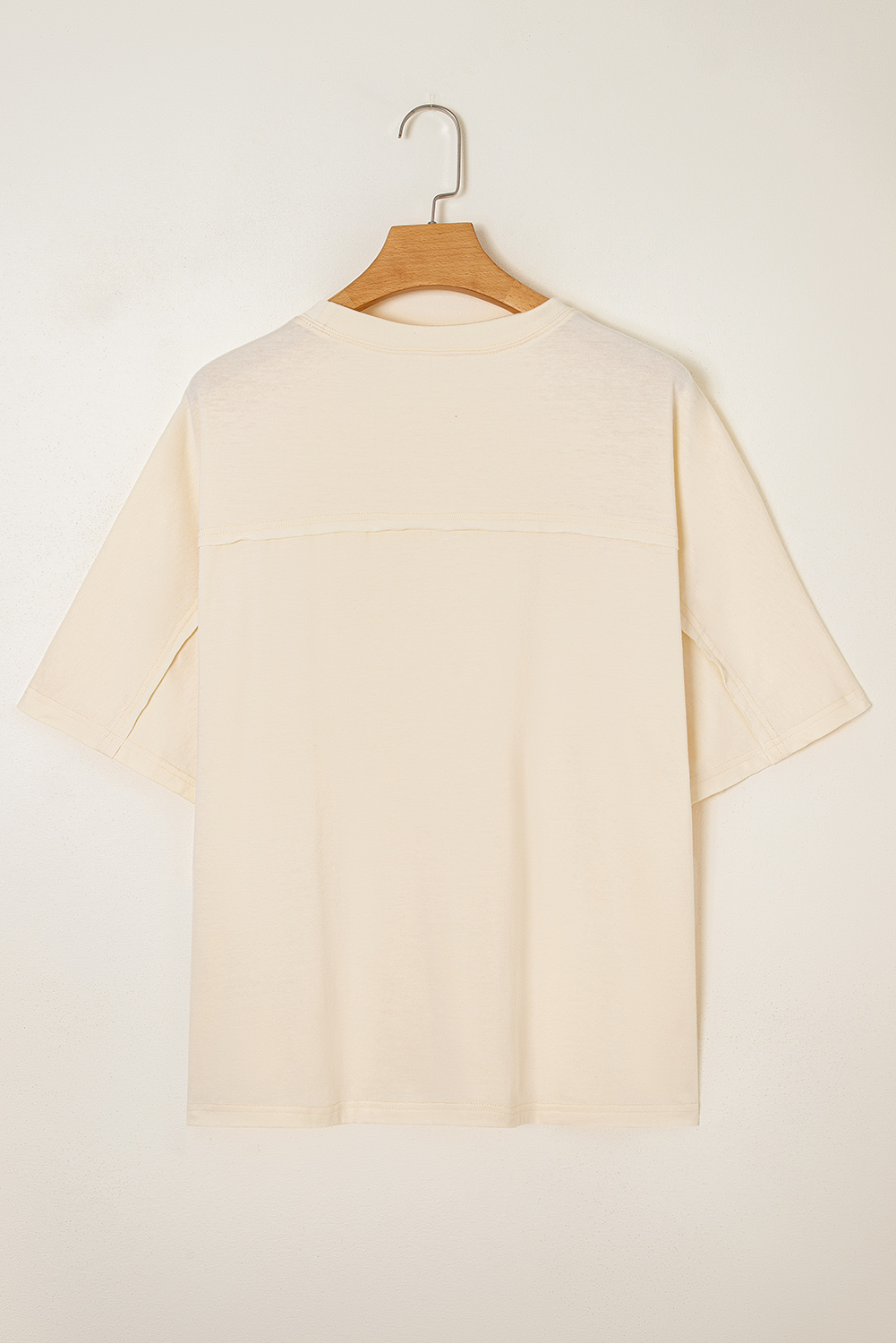 Apricot Flower Patched Exposed Stitching Trim Crew Neck Loose Tee