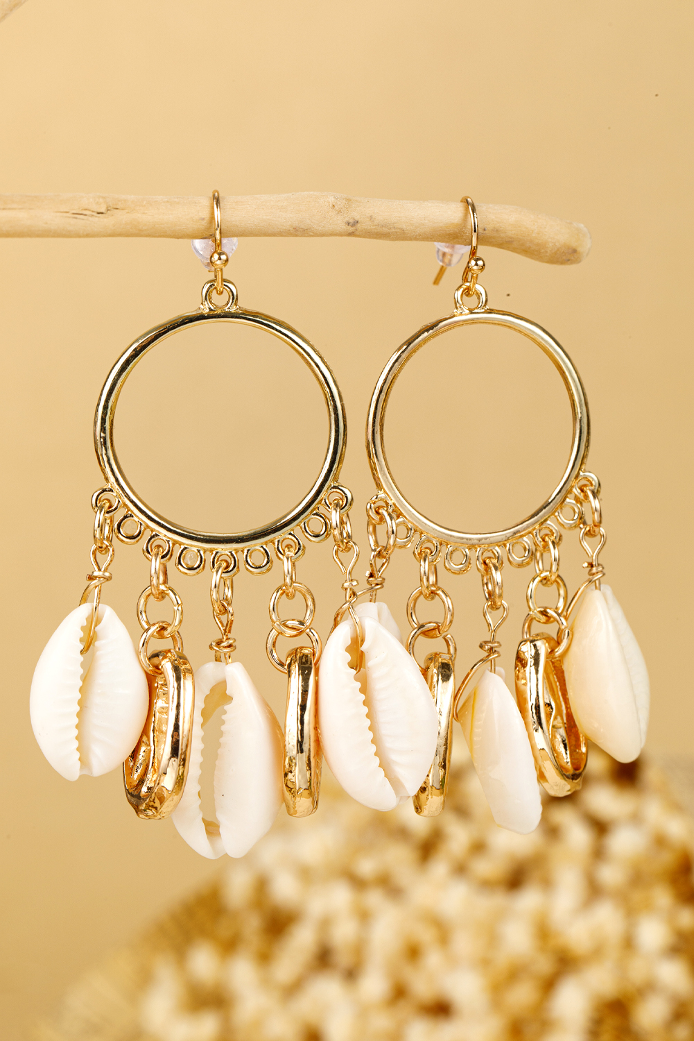 Gold Seashell Charm Hoop Dangle Earrings