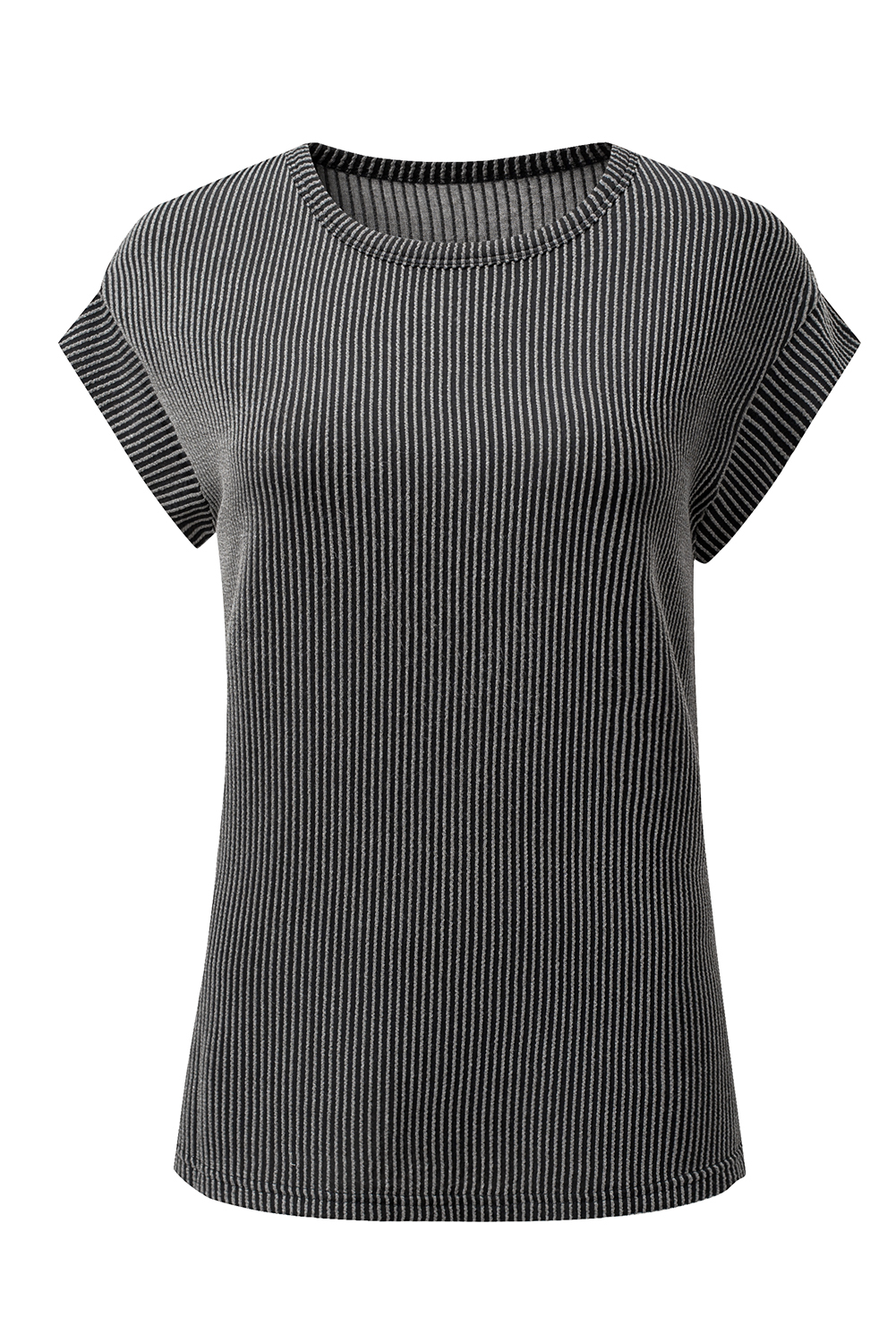 Gray Twisted Rib Wide Sleeve Crew Neck T Shirt