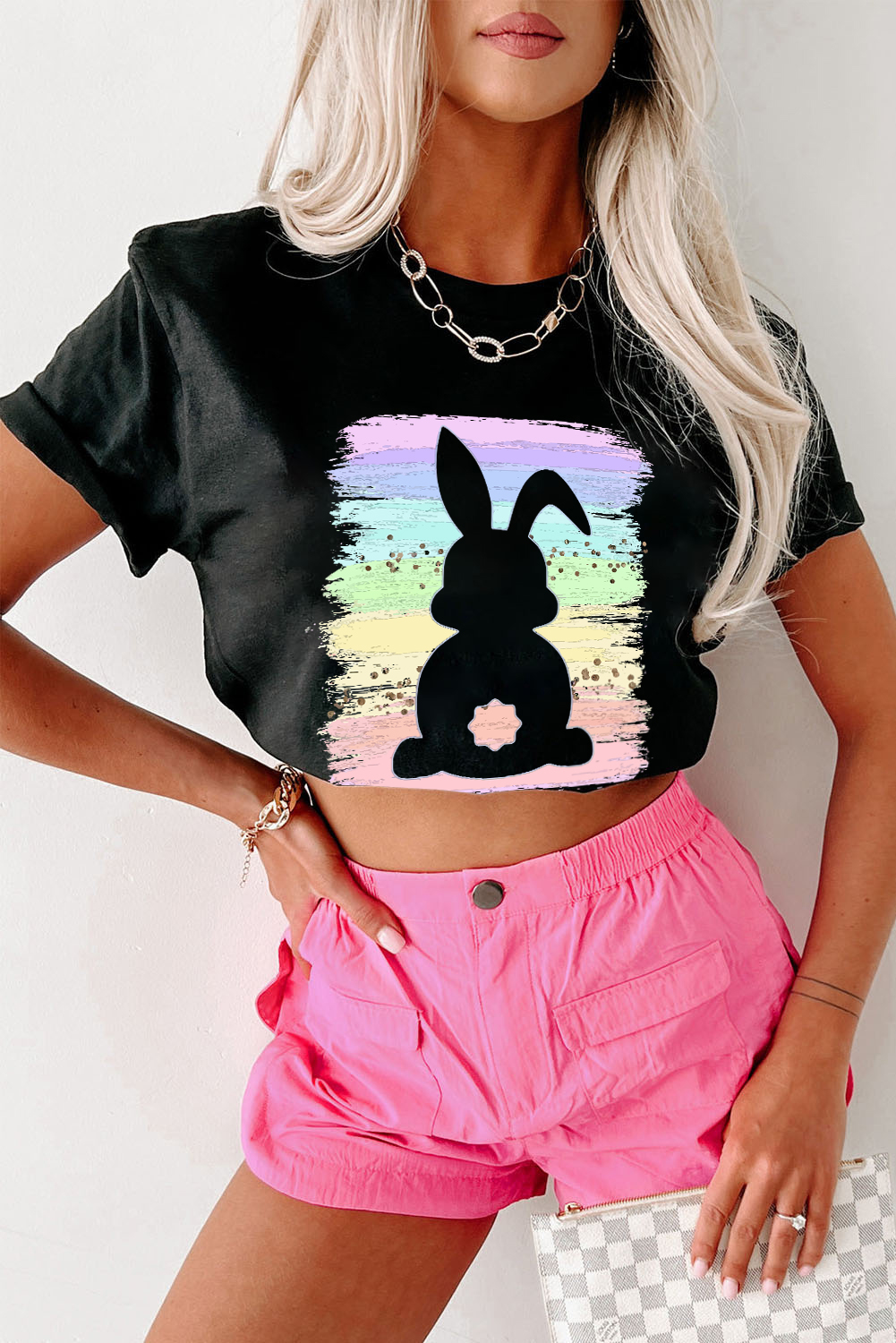 White Rabbit Bow Knot Print Crew Neck T Shirt