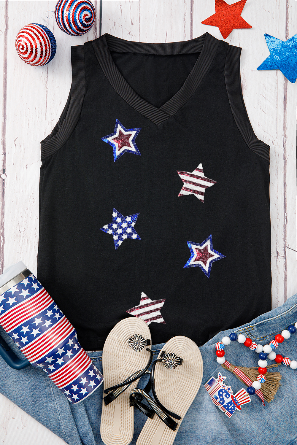 Black July 4th Sequin Star Patched V Neck Tank Top