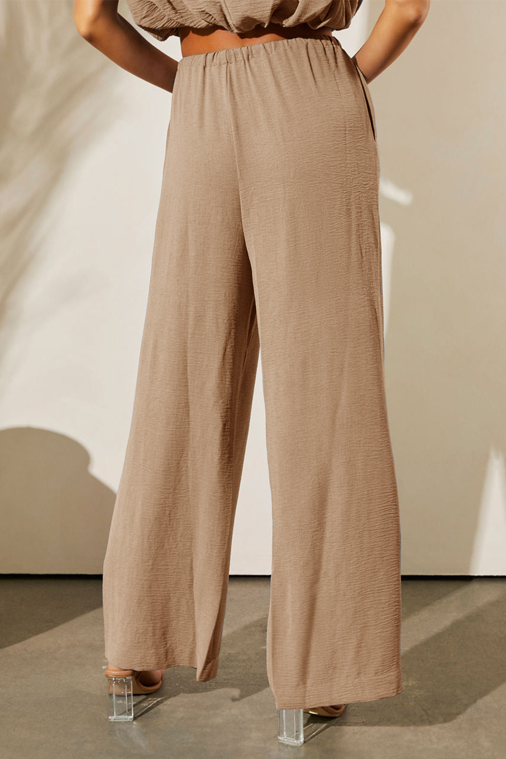 Pale Khaki Solid Color Keyhole Puffy Tank Drawstring Loose Pants 2pcs Outfit