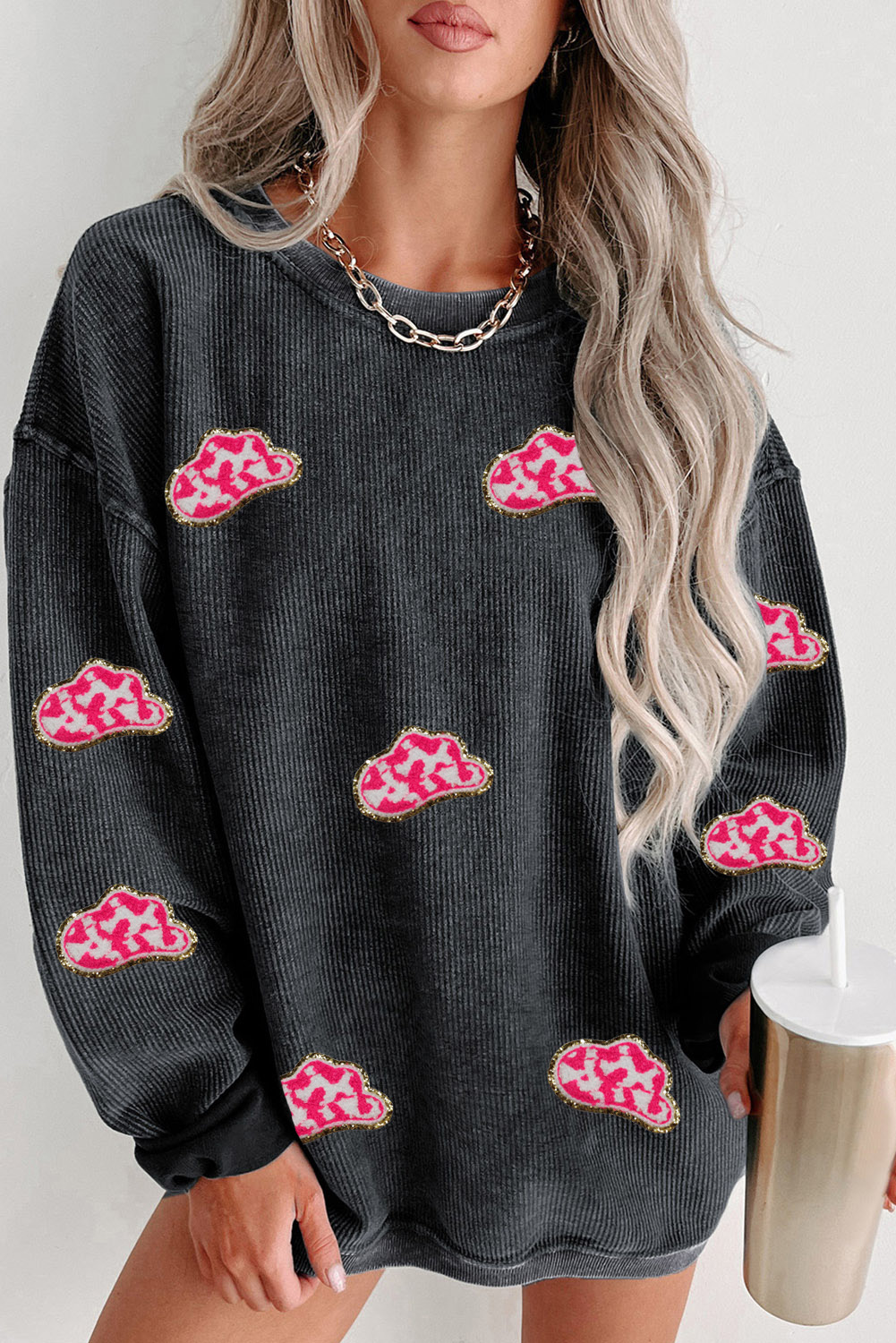 Pink Solid Ribbed Knit Round Neck Pullover Sweatshirt