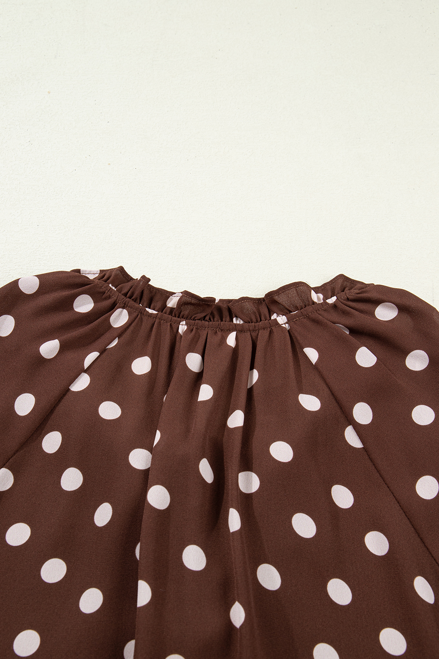 Coffee Polka Dot Print Ruffle Trim V Neck Long Bell Sleeve Blouse