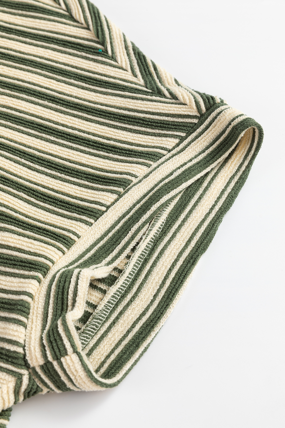 Green Stripe Textured Side Slits Crew Neck T Shirt
