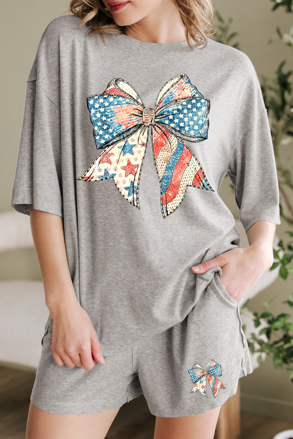 Gray USA Flag Bow Print Half Sleeve Tee and High Waist Shorts Set
