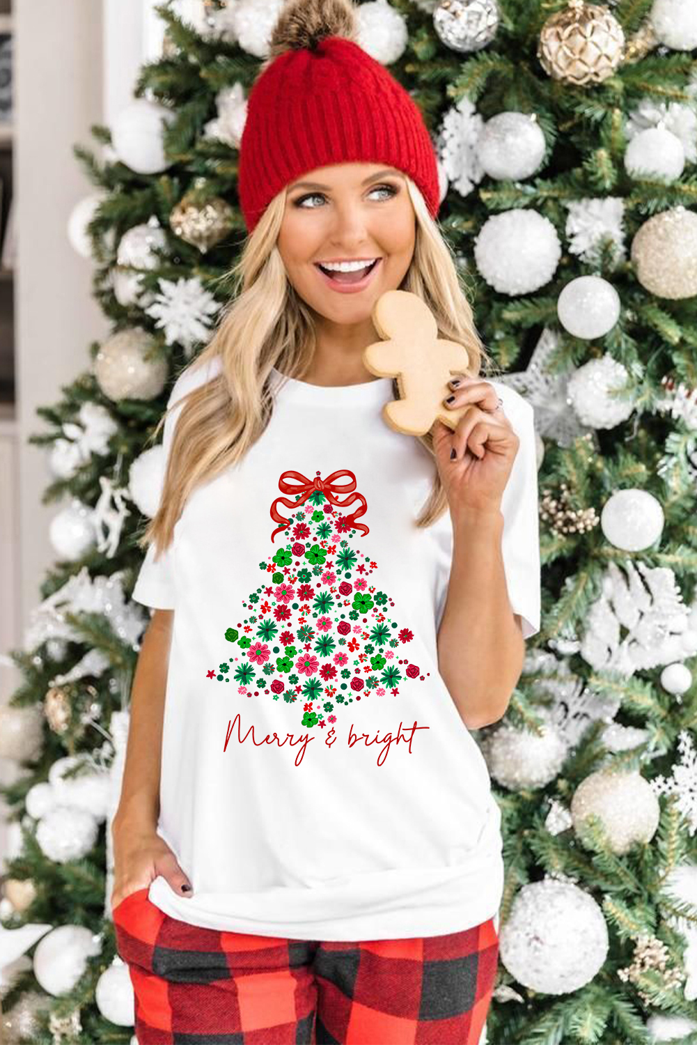 White Merry & Bright Floral Christmas Tree Graphic T Shirt