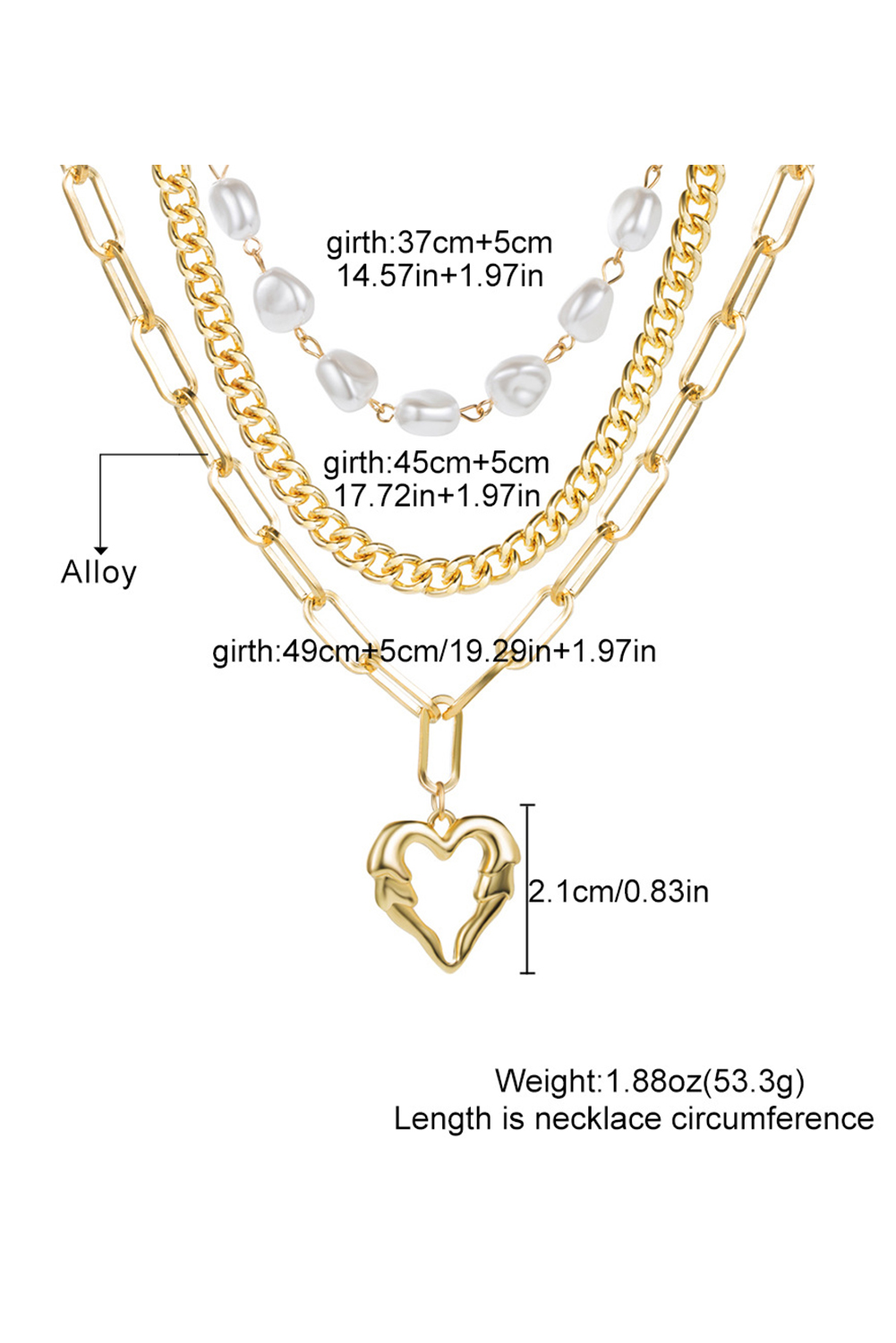 Gold Plated Heart Chain Pearl Beading 3pcs Necklace Set