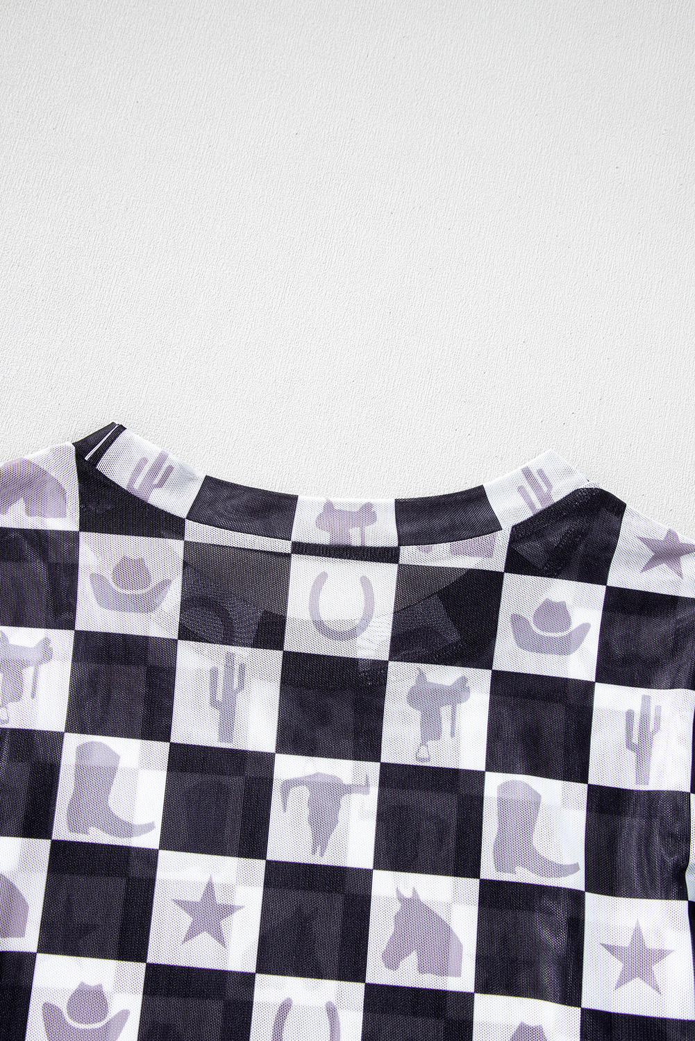 Khaki Checkered Pattern Mesh Mock Neck Long Sleeve Top