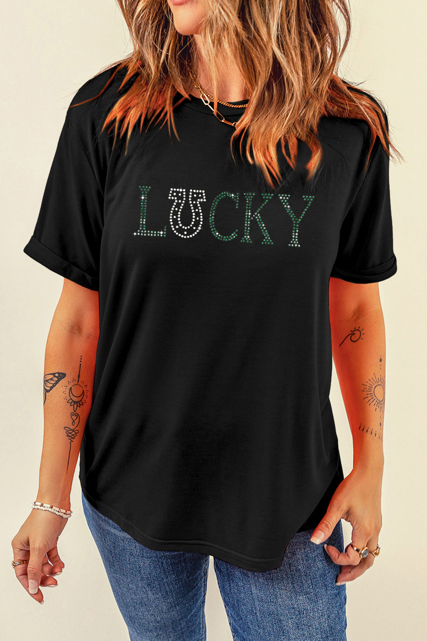 Black LUCKY Rhinestone Graphic Rolled Sleeve Tee