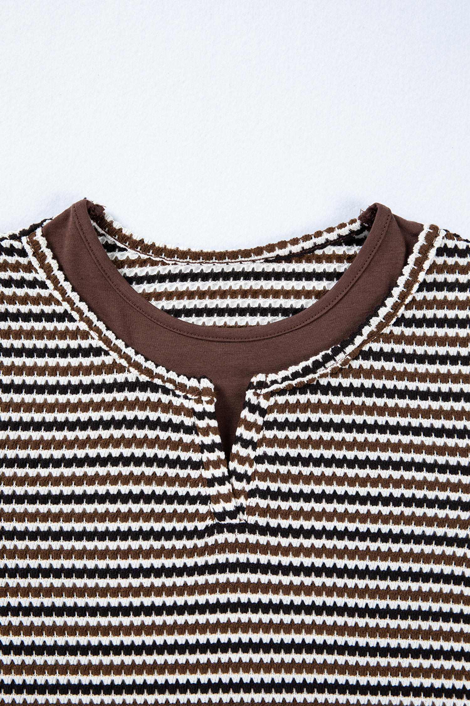 Brown Faux Two Piece Textured Striped Round Neck Long Sleeve T Shirt