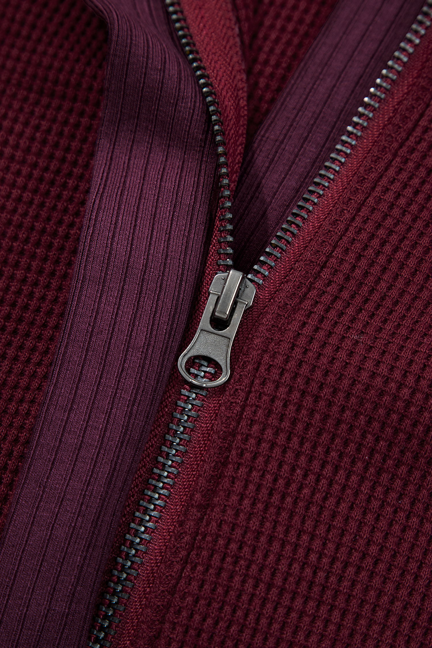 Burgundy Waffle Splicing Zip Up Front Button Hooded Jacket