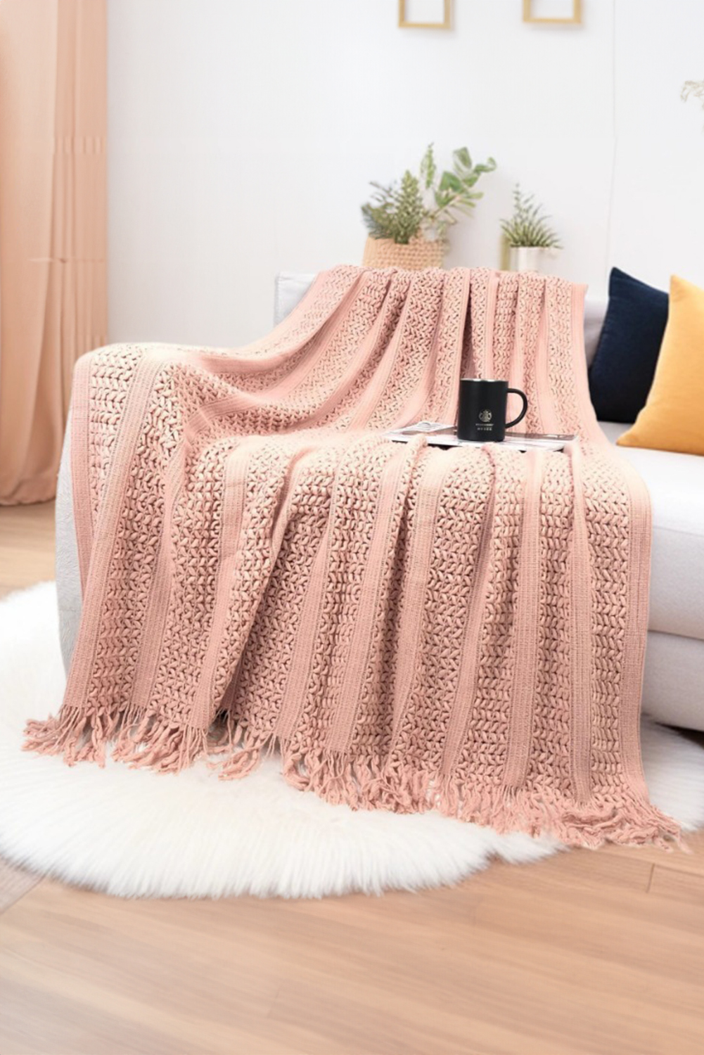Dusty Pink Fashion Texture Design Tassel Trim Blanket