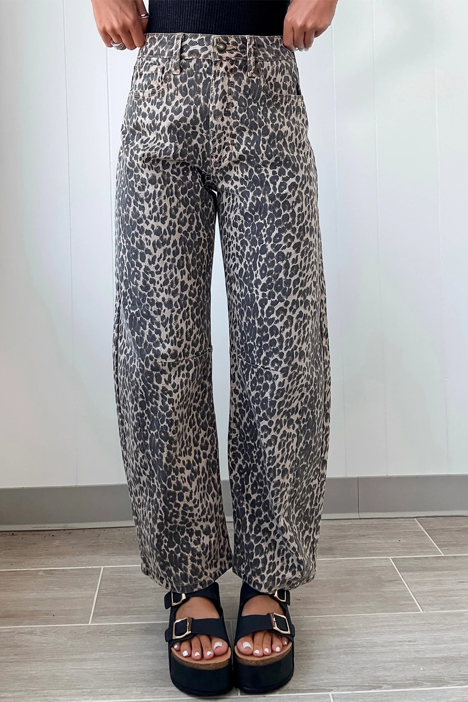 Black Leopard Print High Waist Barrel Jeans