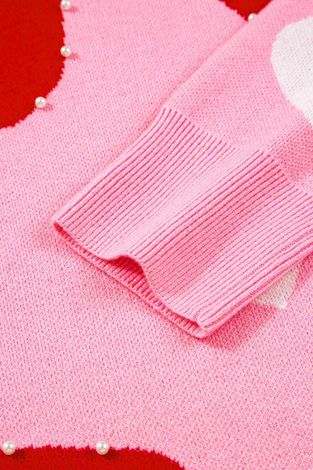 Pink Pearl Embellished Heart Pattern Valentines Day Sweater