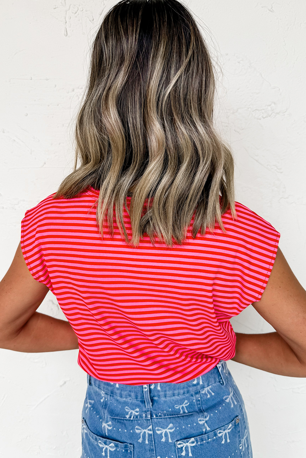 Sky Blue Stripe Ribbed Cap Sleeve Round Neck T Shirt