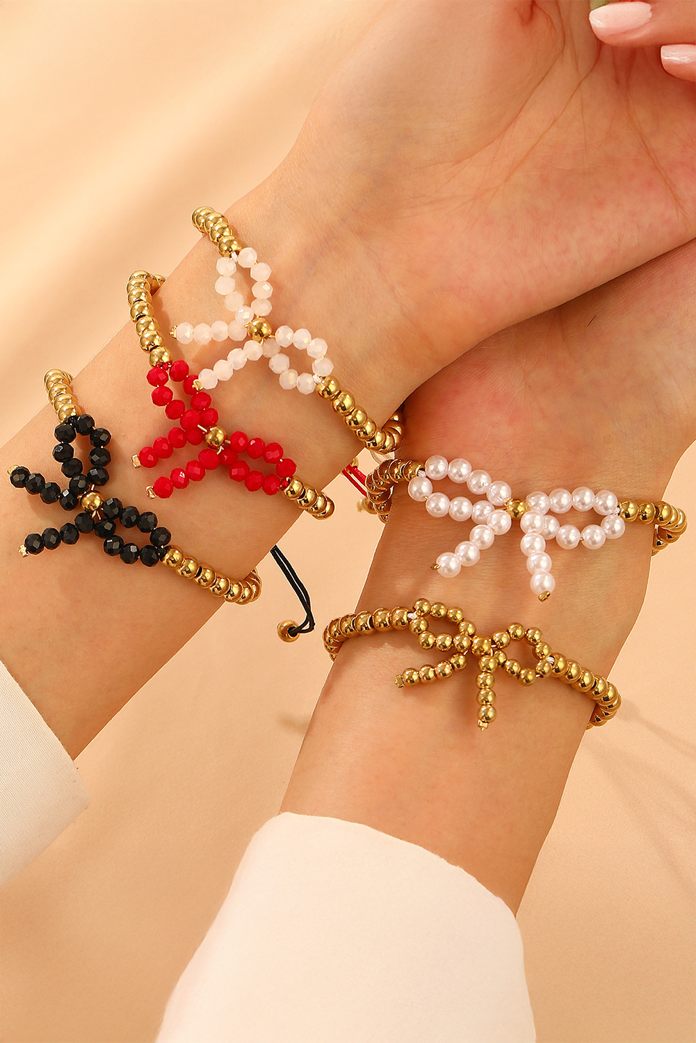 White Pearled Bow Knot Plated Beads Adjustable Bracelet