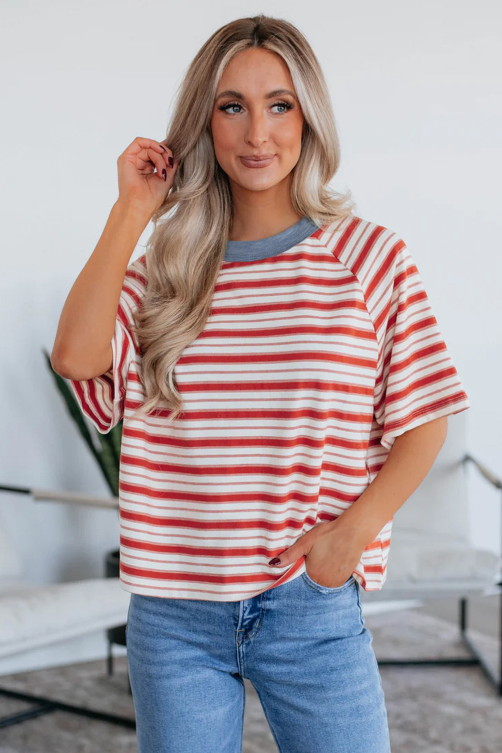 Tomato Red Stripe Print Contrast Collar Raglan Sleeve T Shirt