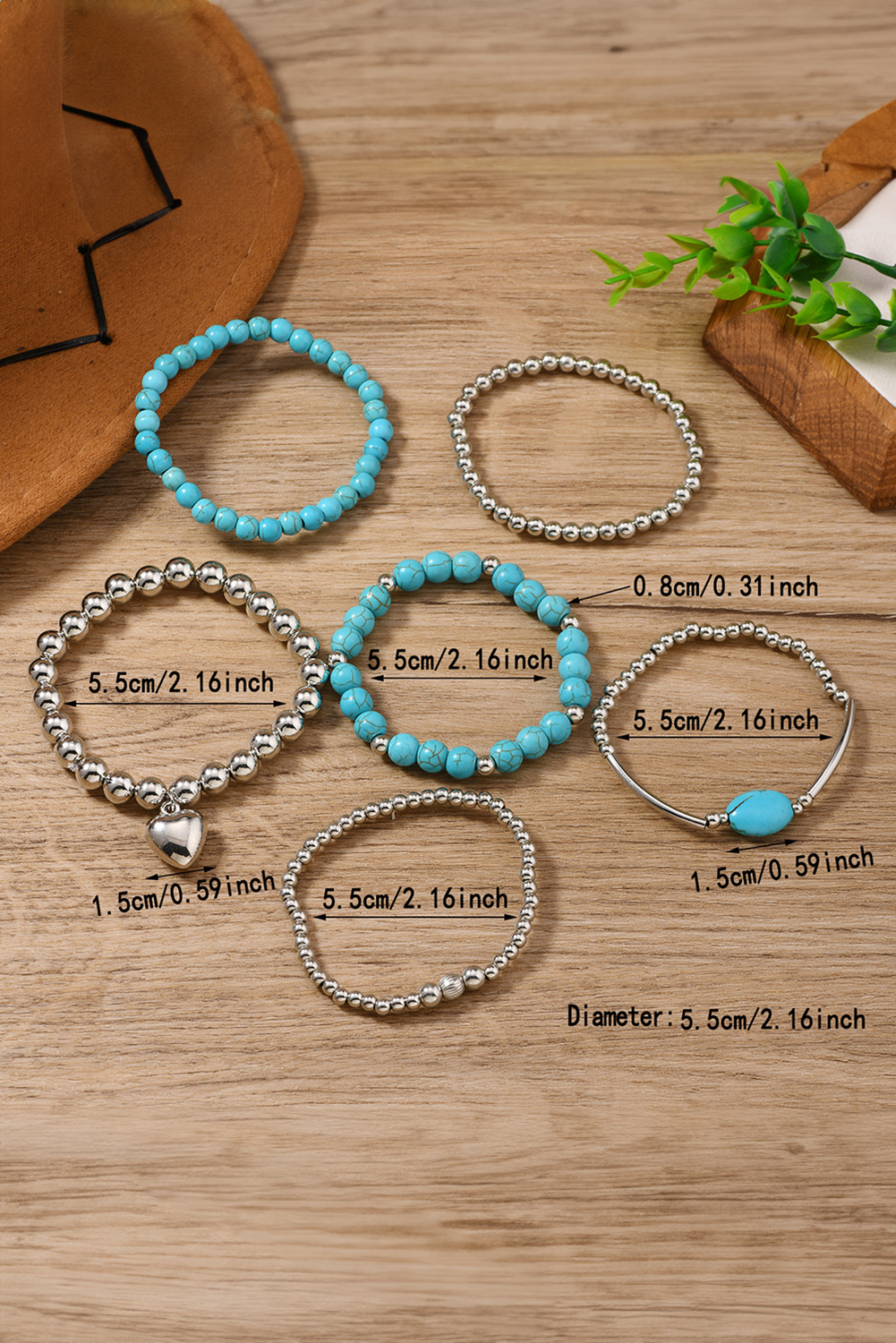 Silvery Pleated Heart Charm Beaded Turquoise Multilayer 6pcs Bracelet Set