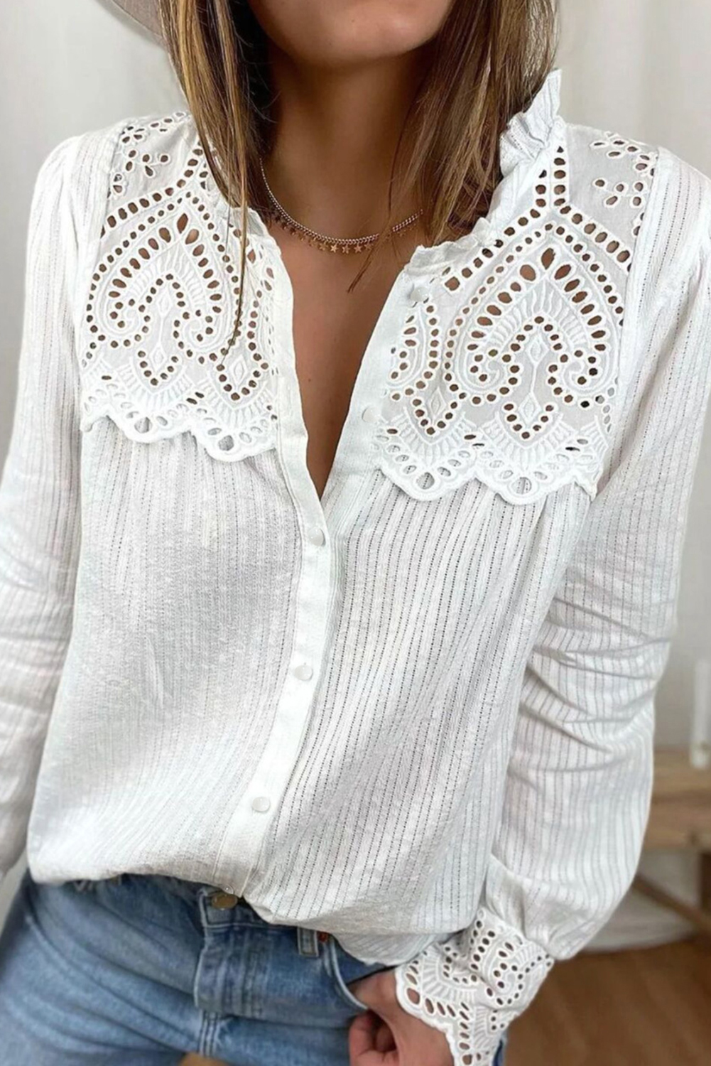 White Hollowed Lace Patchwork Frilled Neck Long Sleeve Shirt