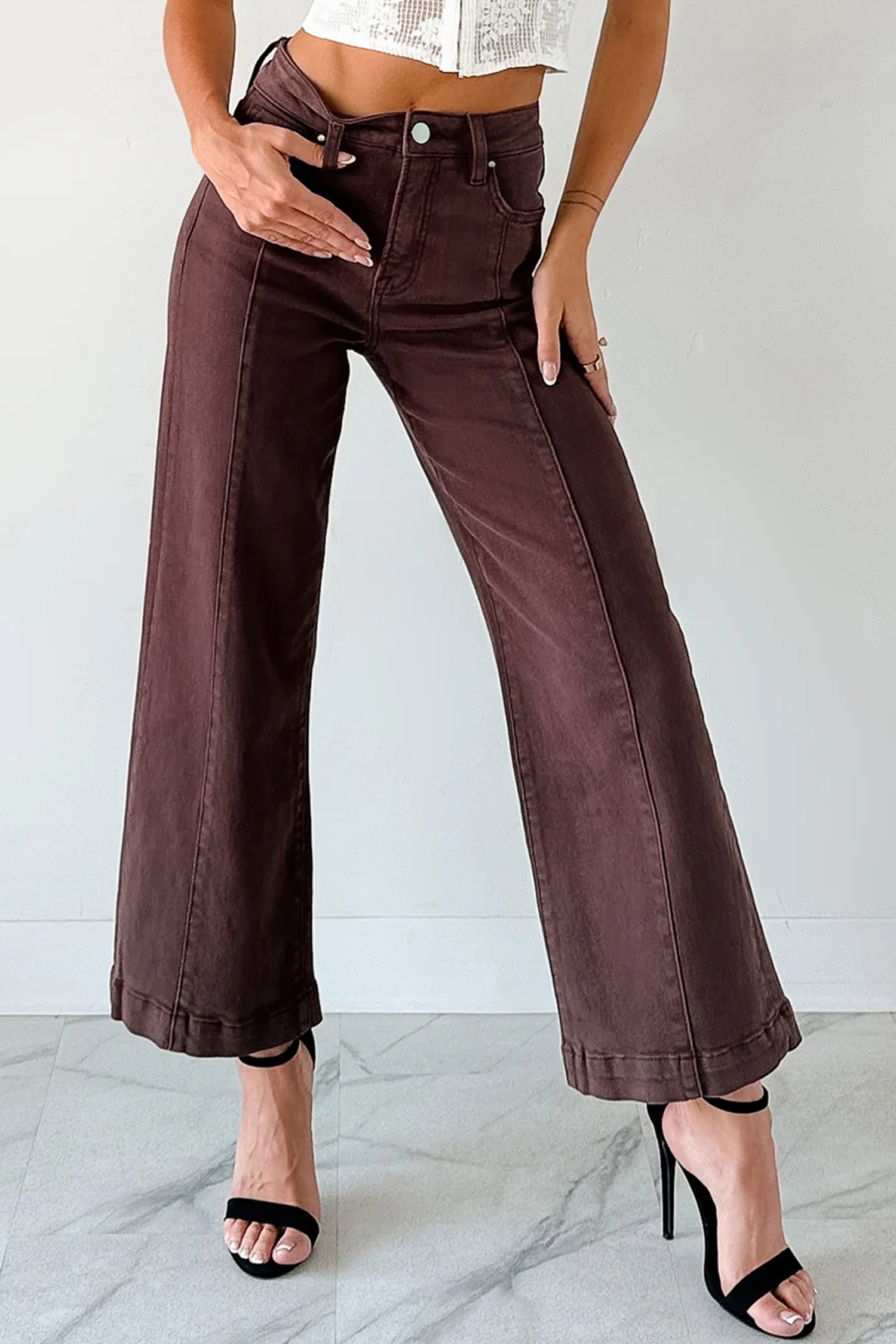 Apricot Solid Color Seamed Center Wide Leg Cropped Jeans