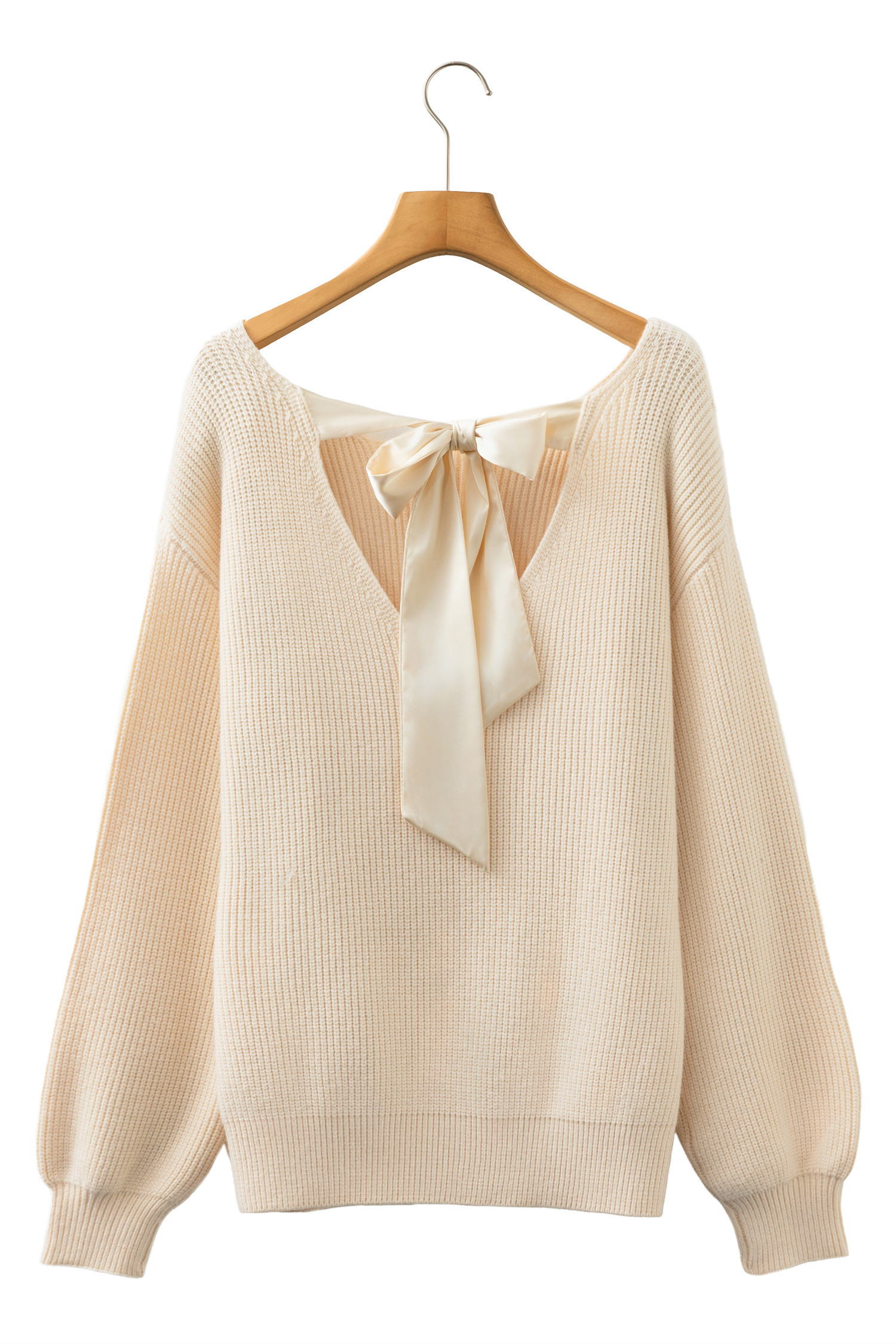 Black Ribbed Knit Ribbon Knot Backless Drop Shoulder Sweater