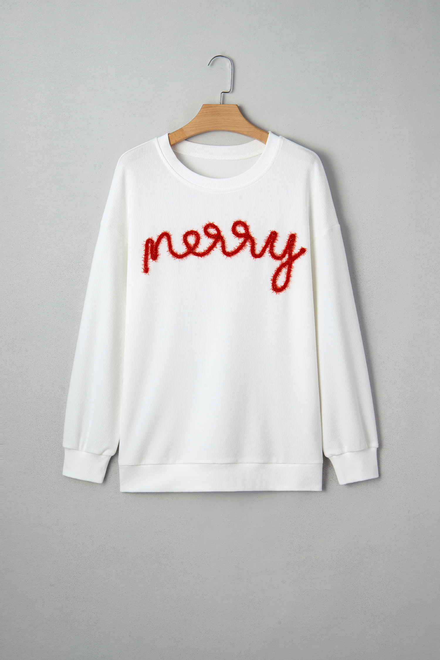 White Merry Tinsel Letter Embroidery Ribbed Drop Shoulder Sweatshirt