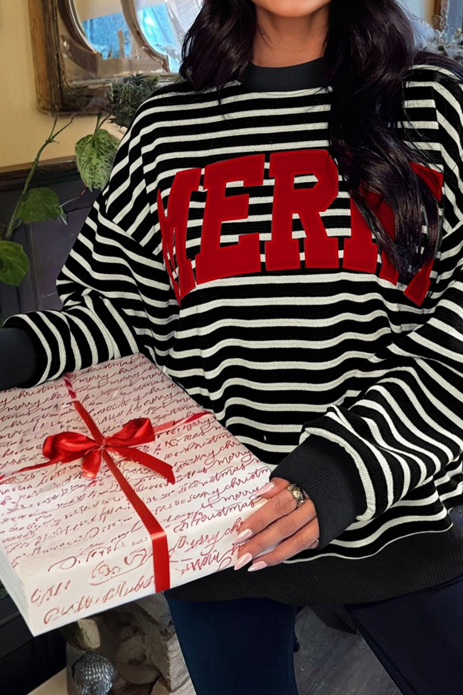 White Stripe Contrast MERRY Letter Christmas Print Drop Shoulder Sweatshirt
