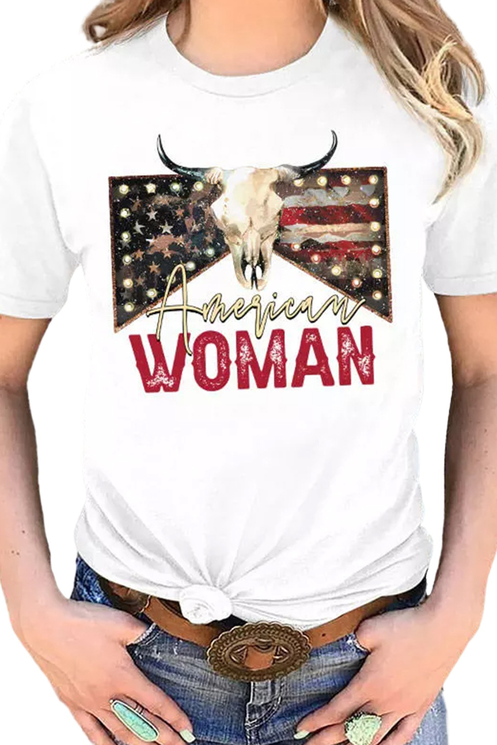 White American Woman Bull Skull Graphic T Shirt