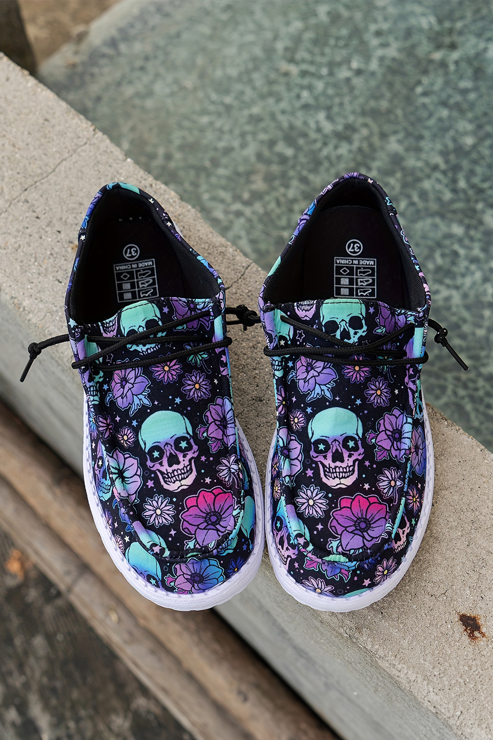 Dark Blue Sugar Skull Print Lace-up Detail Halloween Flat Shoes