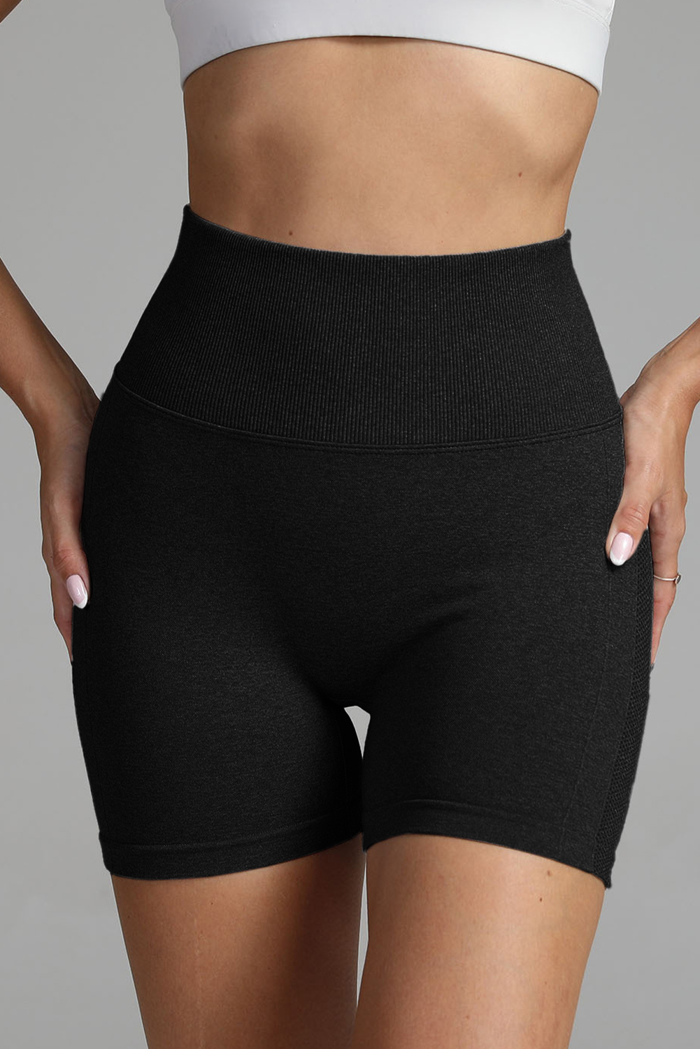 Black Solid Color High Waist Skinny Active Shorts