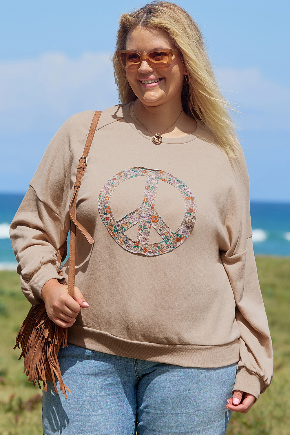 Beige Flower Patch Graphic Exposed Seam Wide Sleeve Top