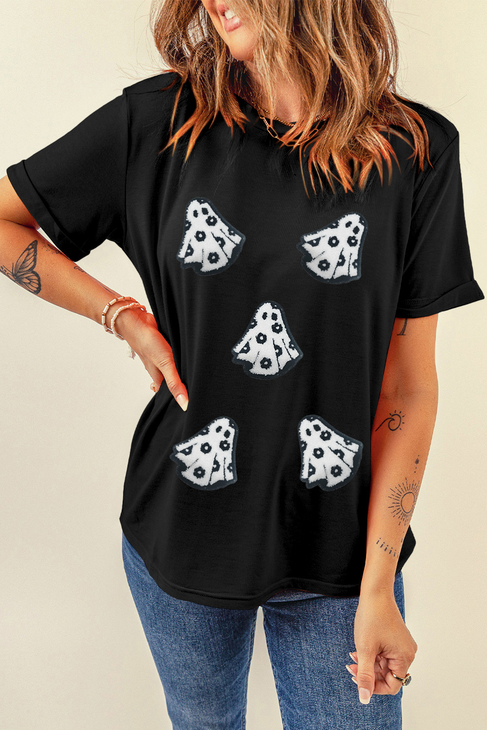 White Playful Ghost Patched Cotton Blend T Shirt