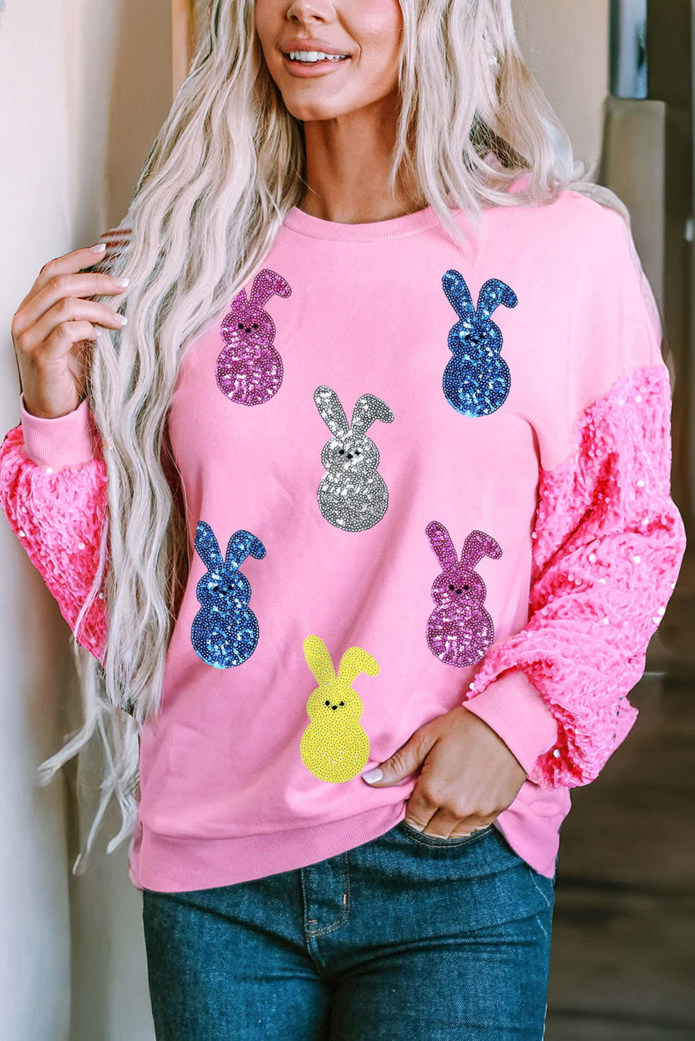 Pink Sequin Bunny Doll Contrast Long Sleeve Patchwork Top