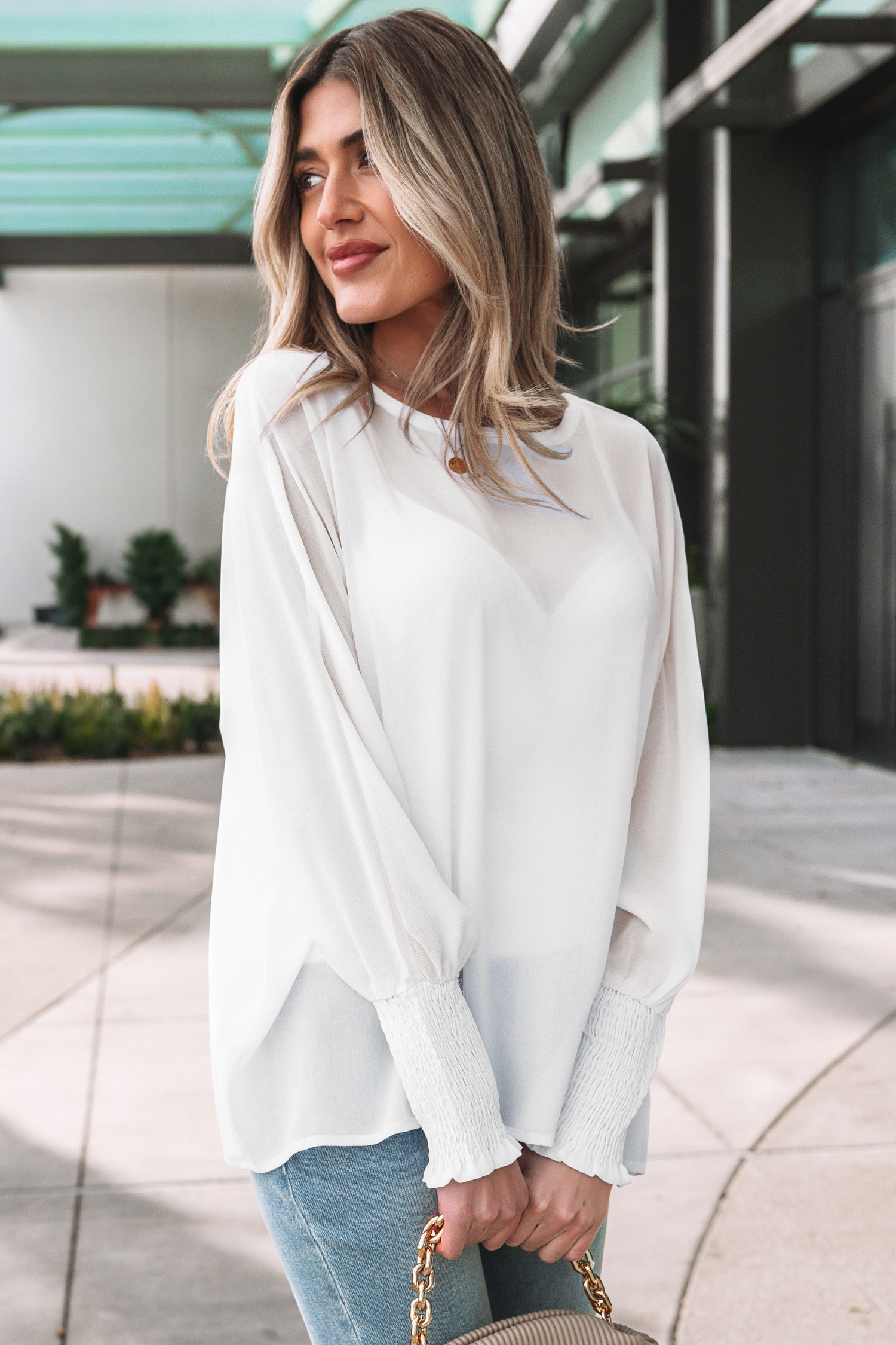 White Smocked Cuffs Semi Sheer Long Sleeve Dolman Blouse