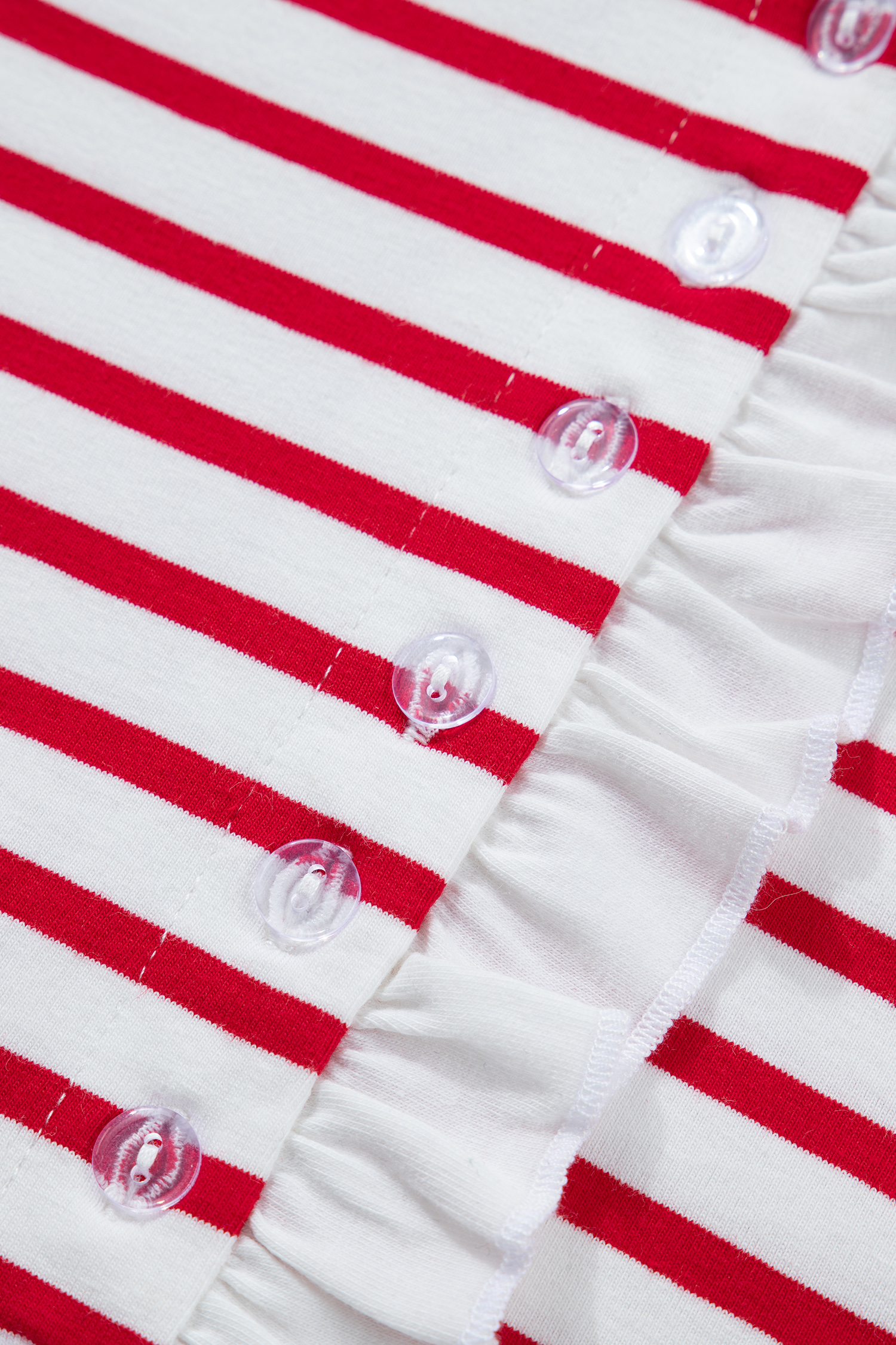 Red Stripe Contrast Frilled Trim Half Button Long Sleeve Top