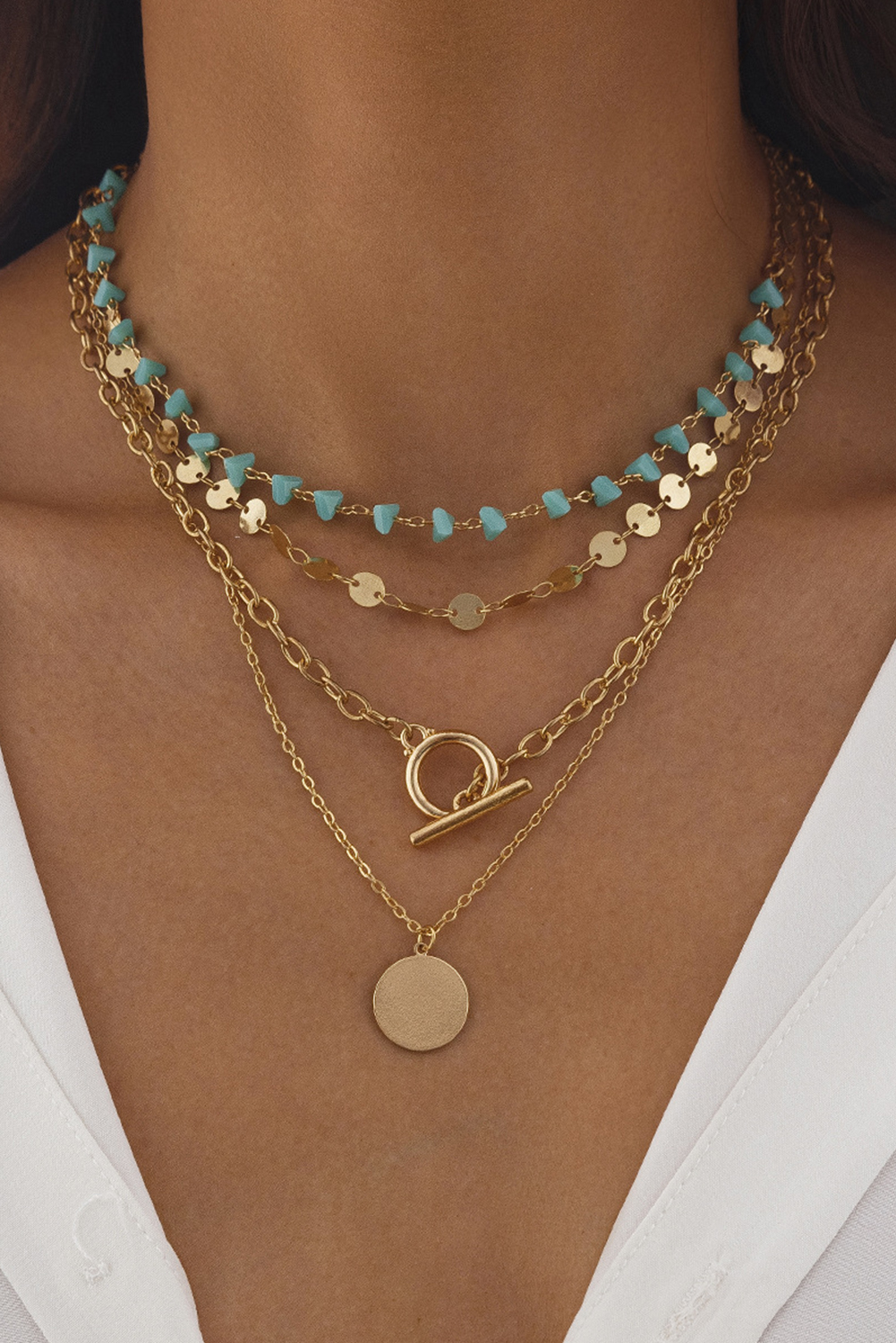 Gold Plated Toggle Disc Detail Turquoise Heart Beads 4pcs Necklace Set