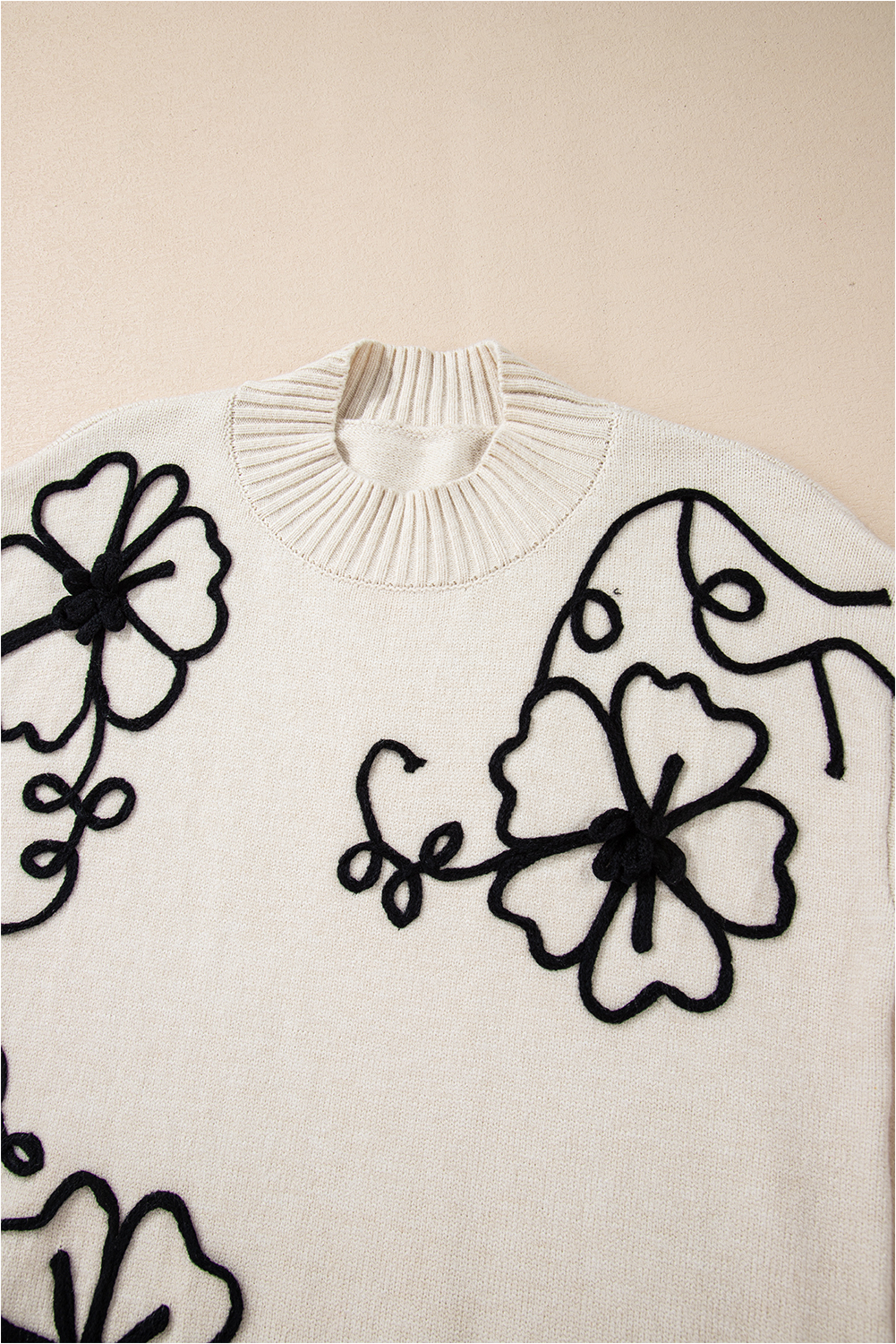 Beige Flower Stitching Mock Neck Sweater