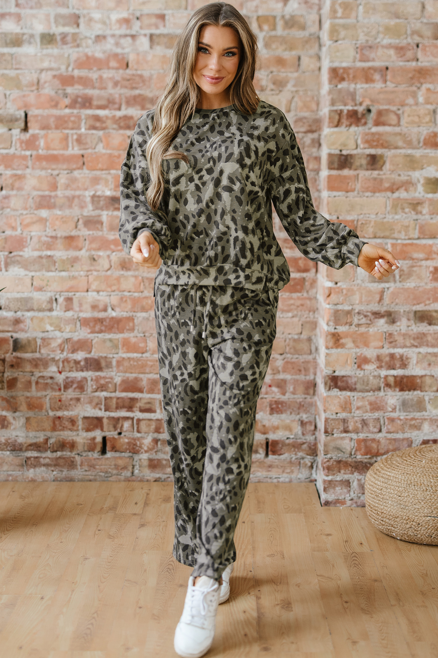Brown Leopard Loose Tee Drawstring Waist Barrel Pants Set