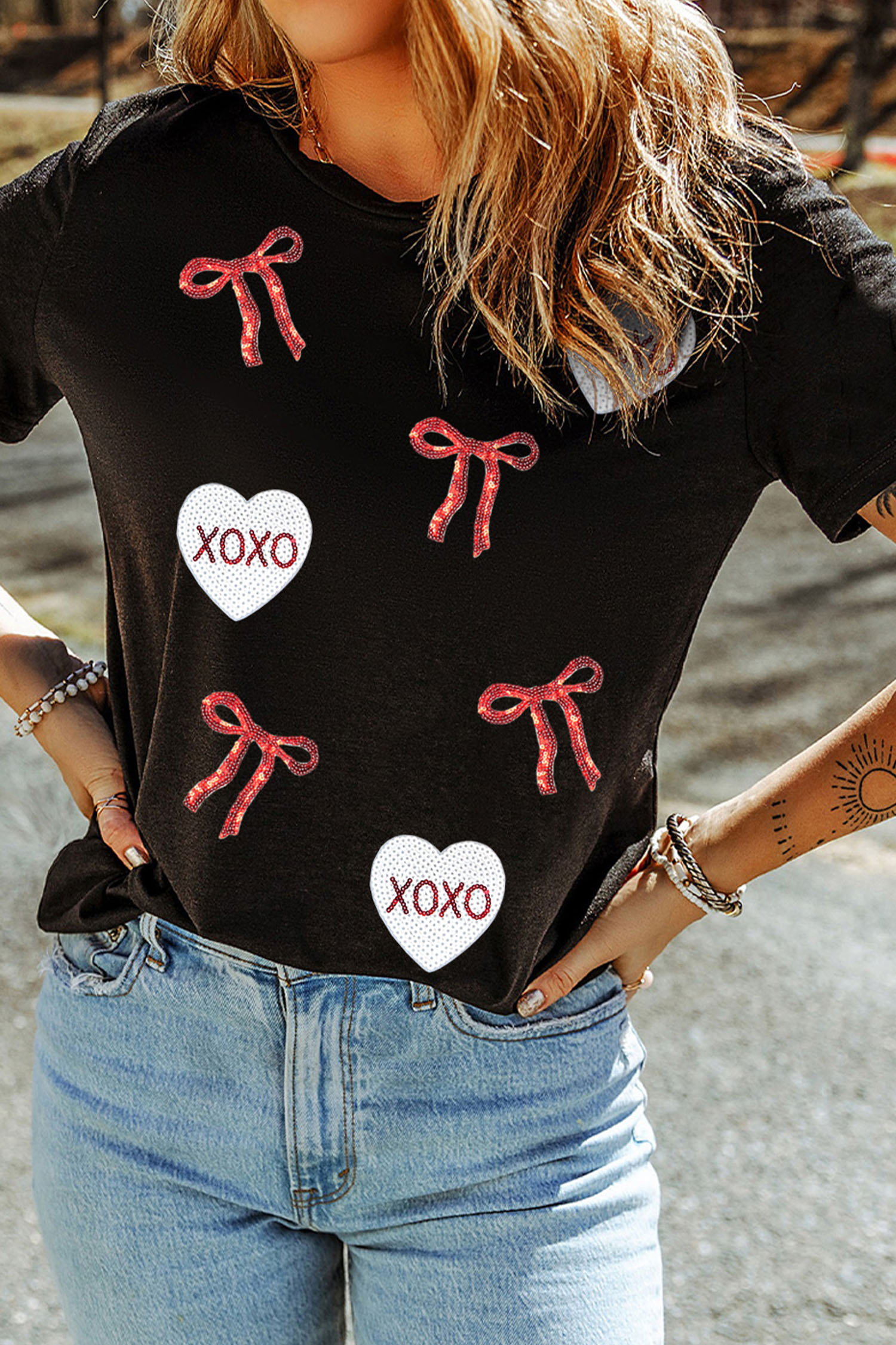 Black Valentines Bow XOXO Heart Sequin Patched Loose T Shirt