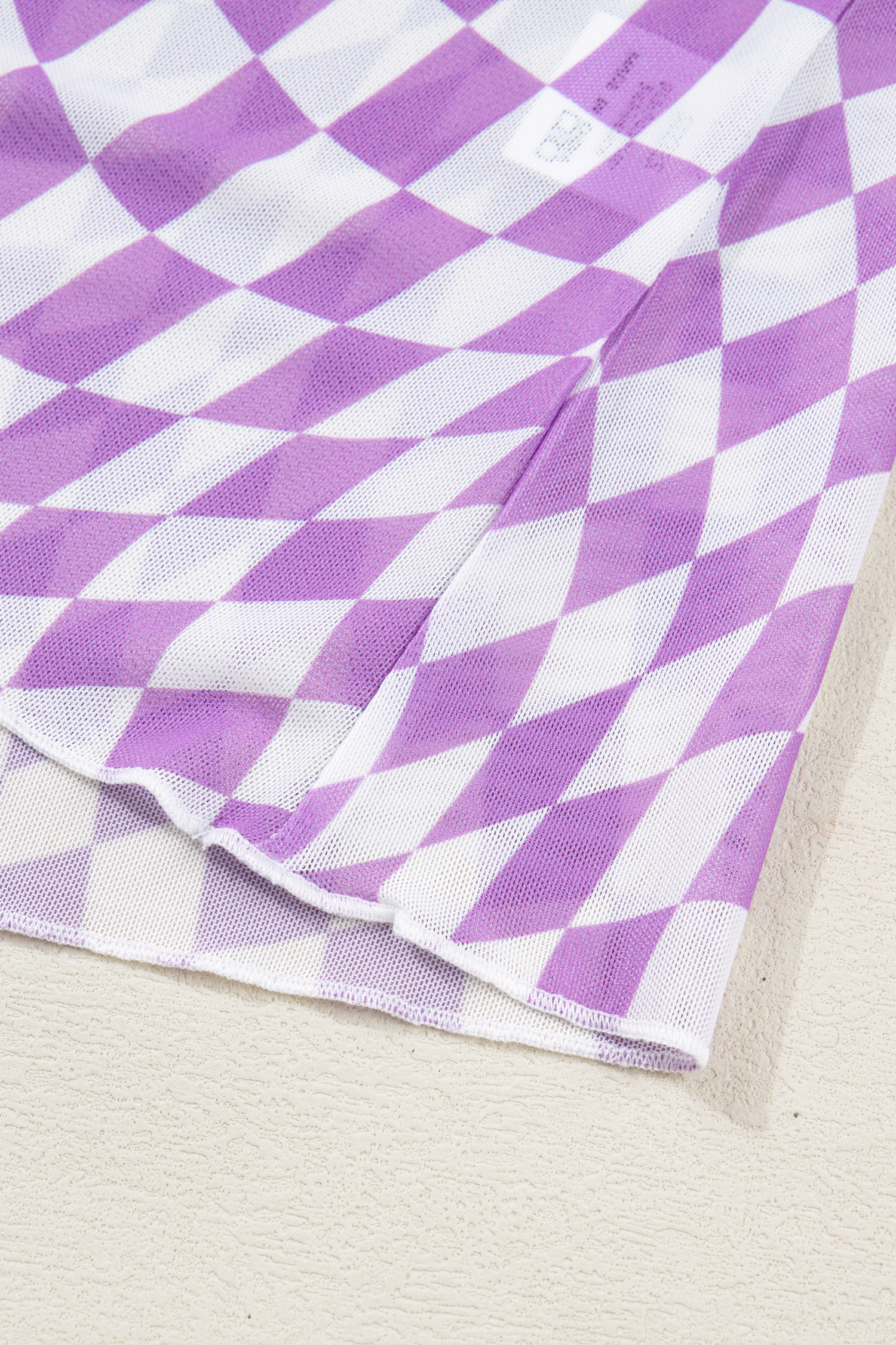Purple Checkered Print Mock Neck Mesh T Shirt