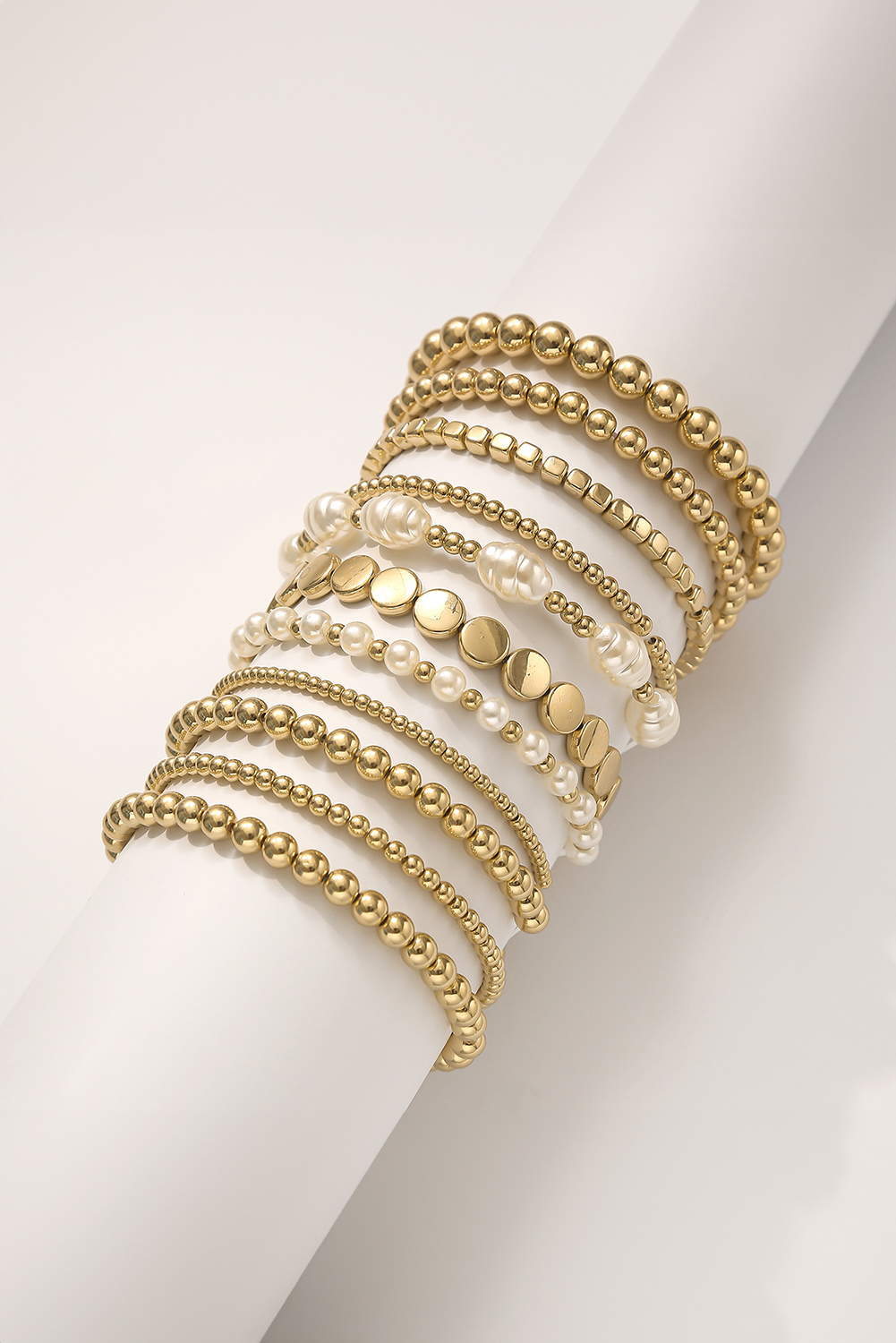 Gold 11pcs Alloy Pleated Pearl Beading Bracelet