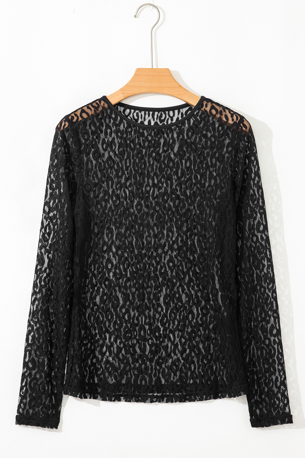 Black Leopard Pattern Sheer Mesh Long Sleeve Top