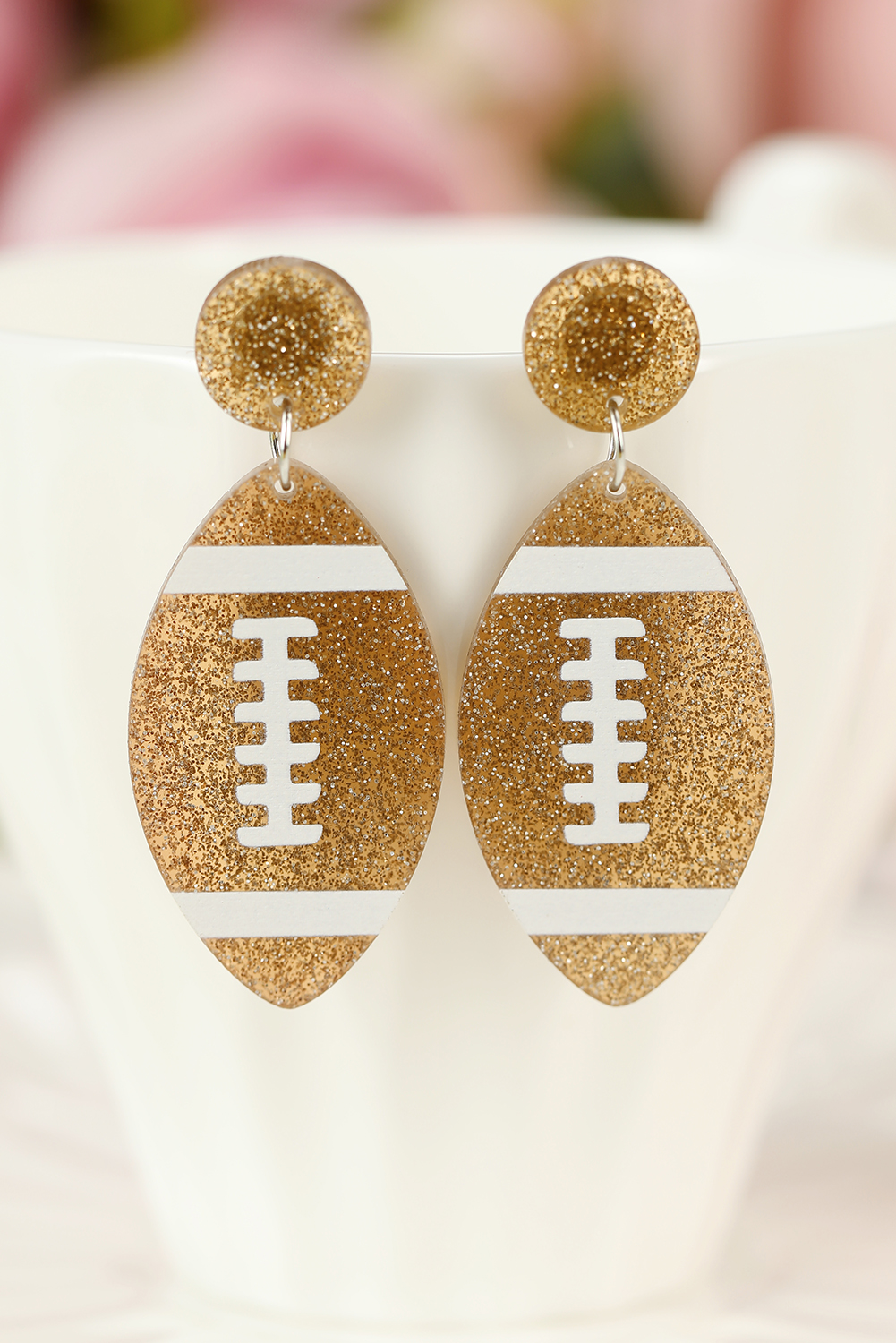 Brown Glittering Rugby Football Pendant Game Day Earrings